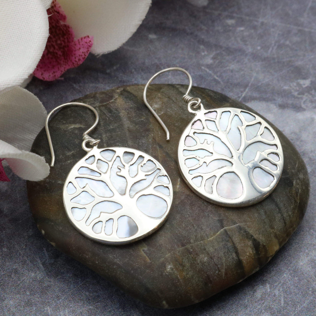 Hepburn and Hughes Mother of Pearl Earrings, with Tree of Life in Sterling Silver