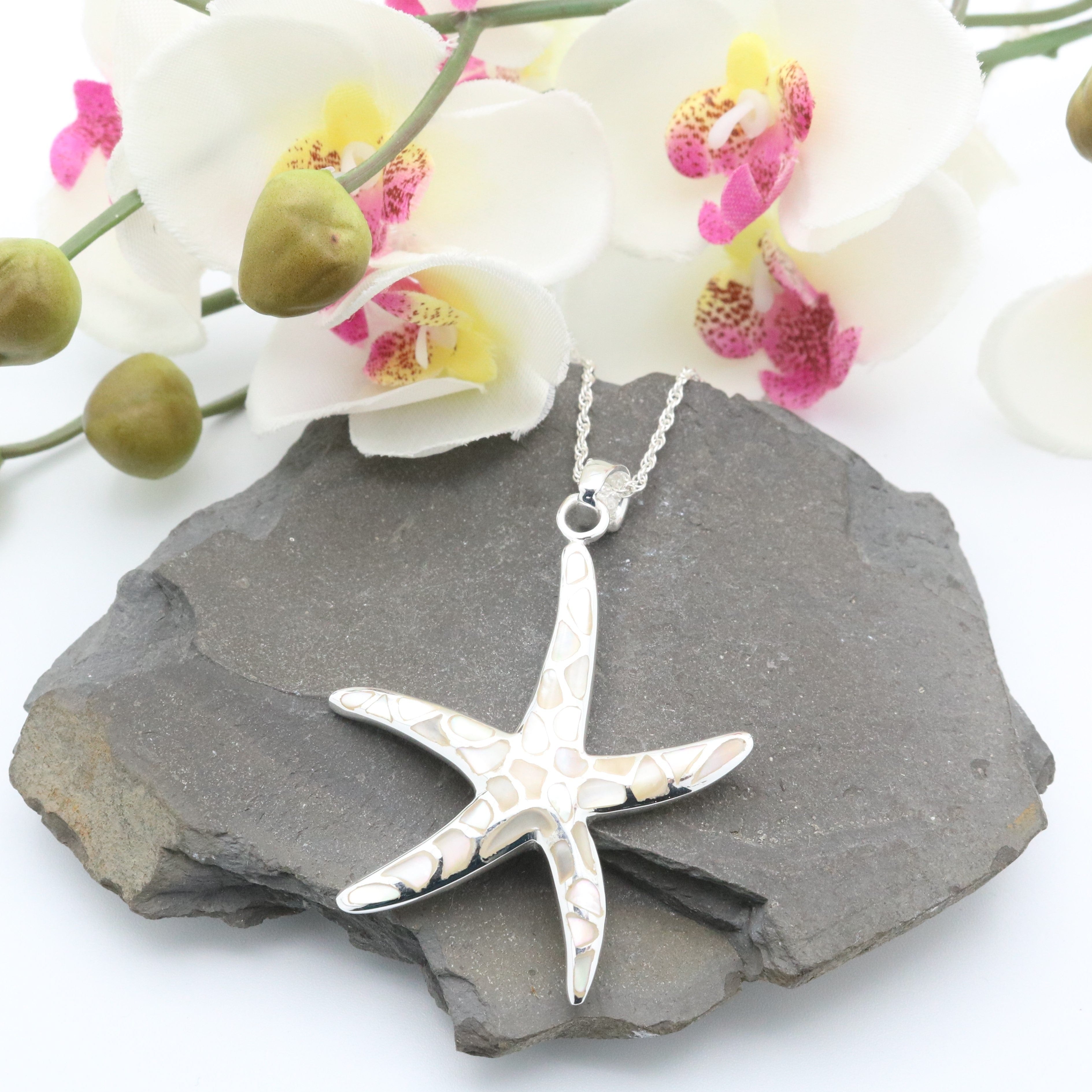 Hepburn and Hughes Mother of Pearl Large Starfish Pendant | White Mosaic | Sterling Silver