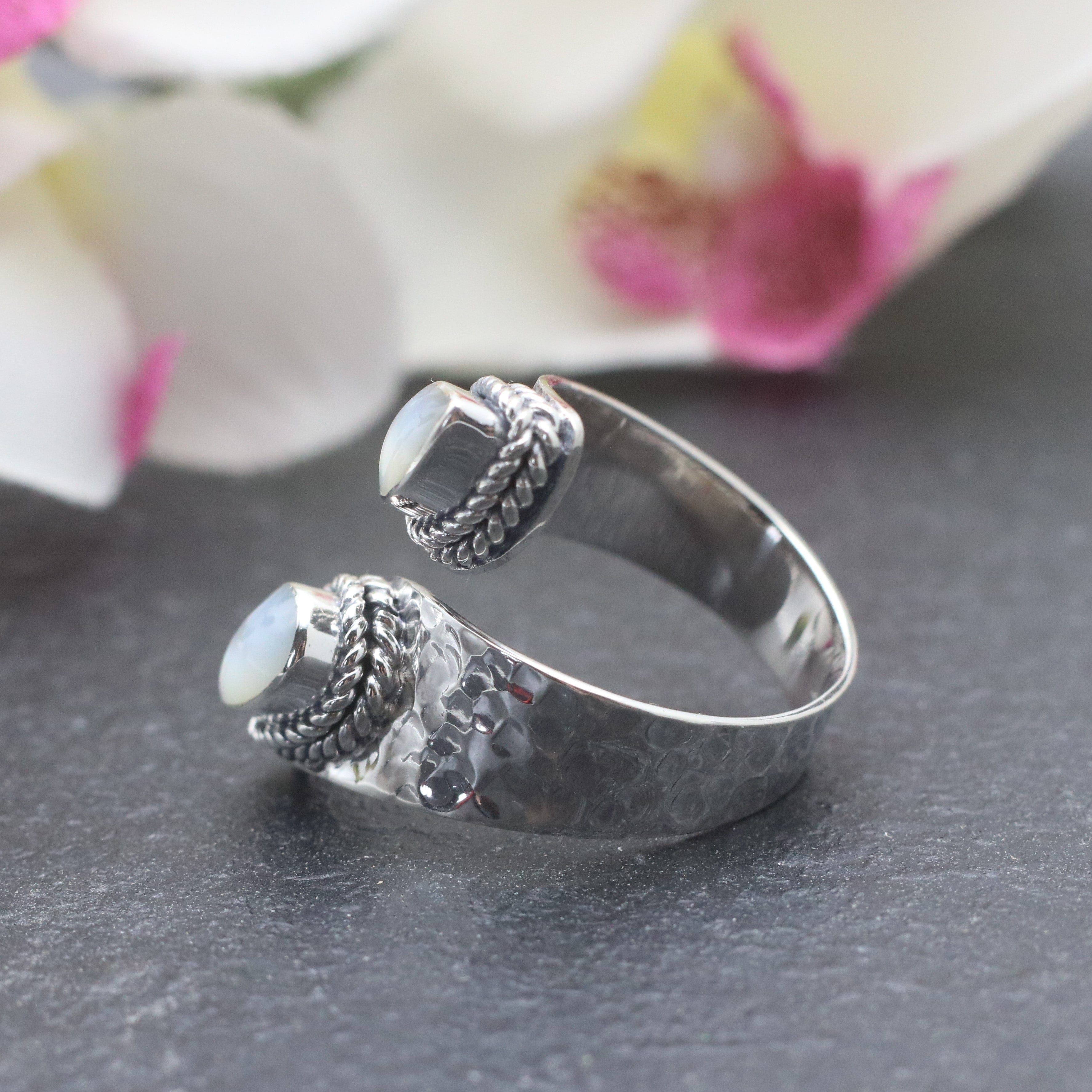 Hepburn and Hughes Mother of Pearl Ring | Adjustable band | Double teardrop | Sterling Silver