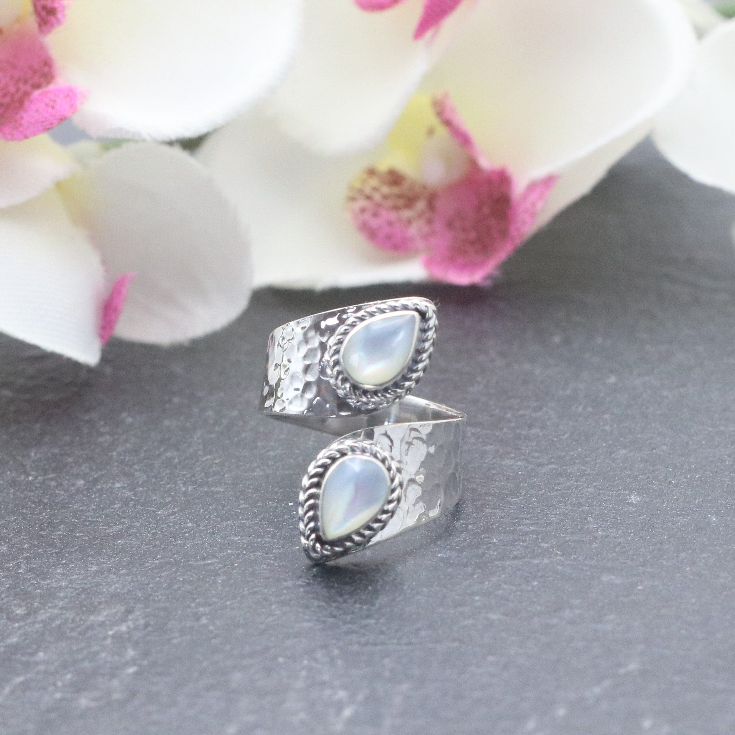 Hepburn and Hughes Mother of Pearl Ring | Adjustable band | Double teardrop | Sterling Silver