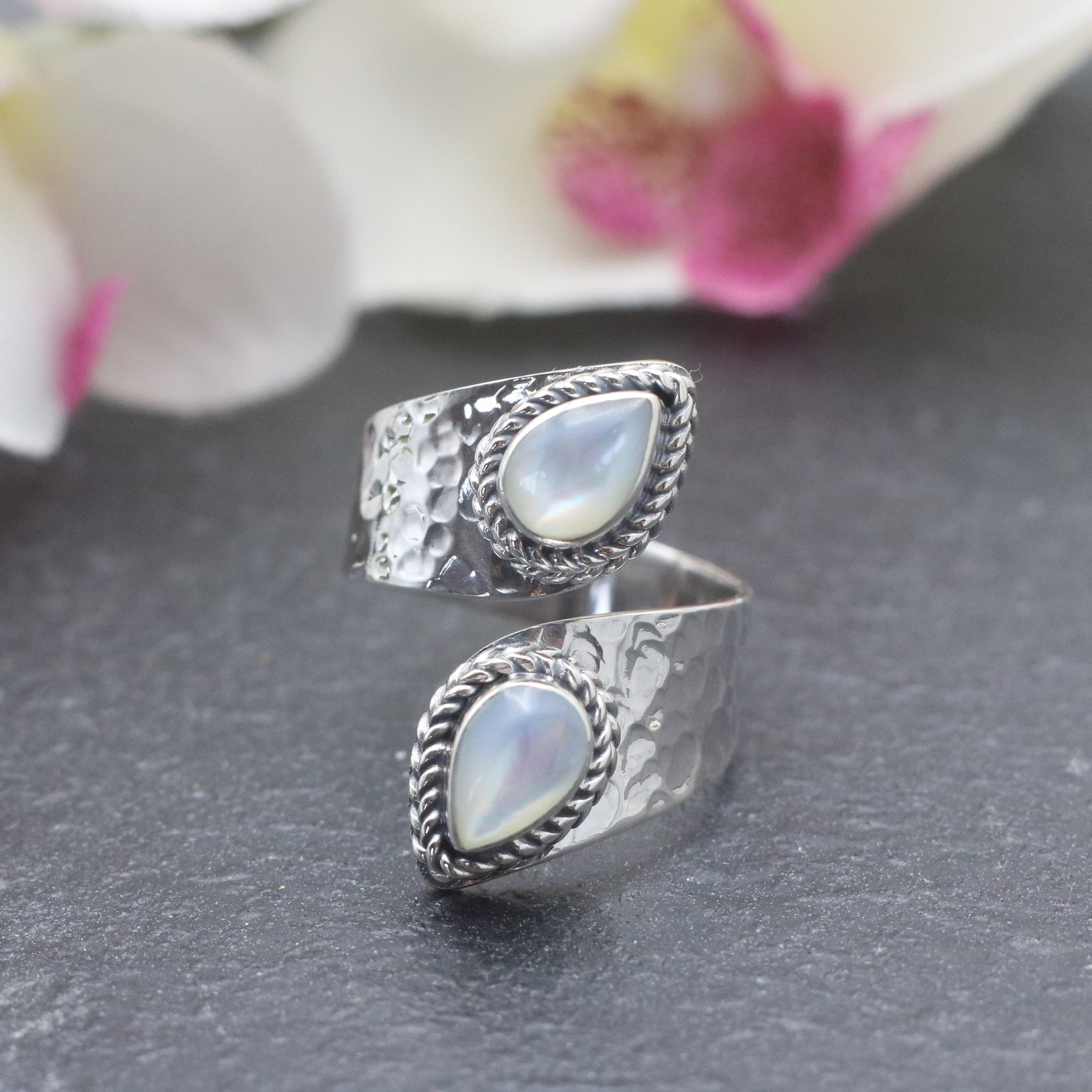 Hepburn and Hughes Mother of Pearl Ring | Adjustable band | Double teardrop | Sterling Silver