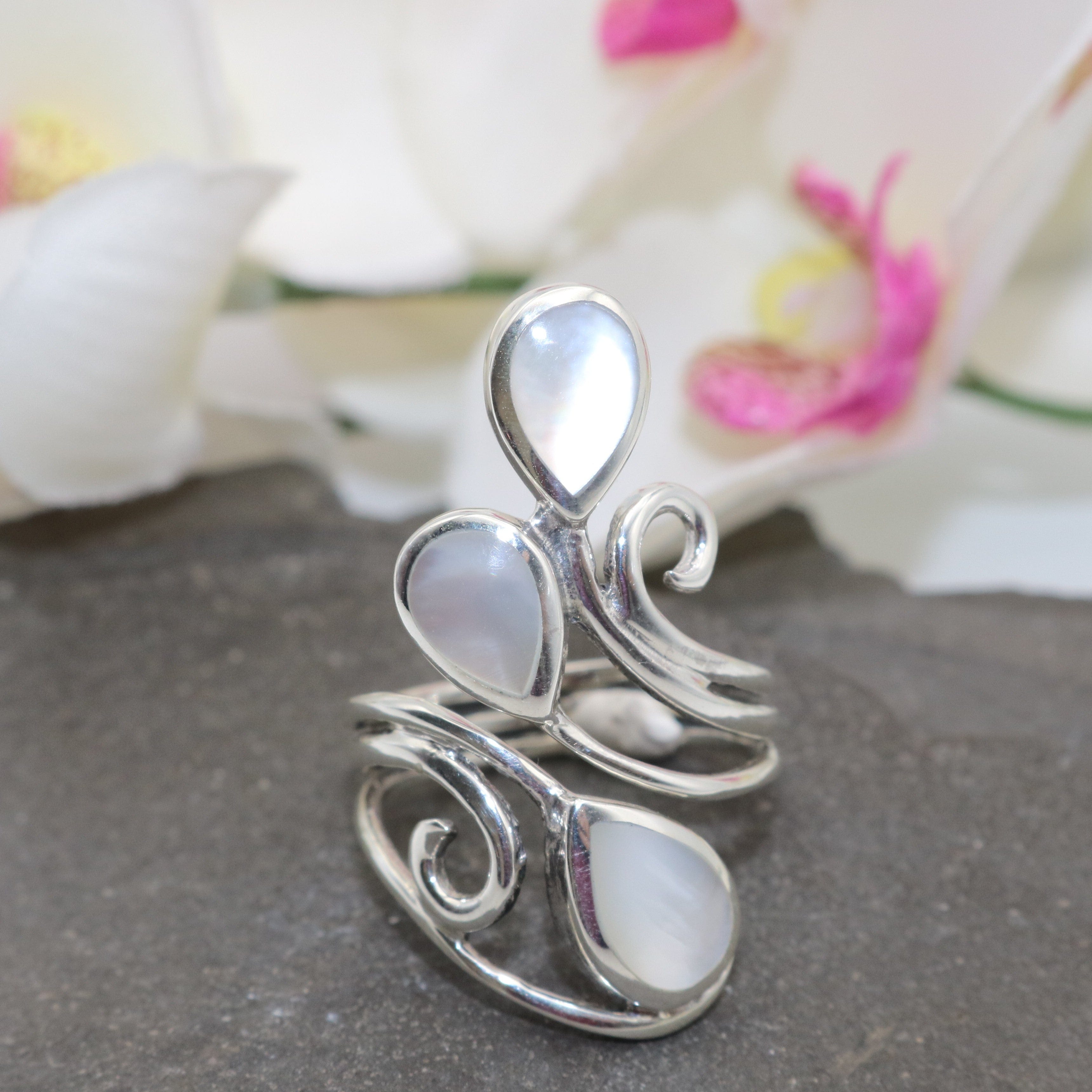 Hepburn and Hughes Mother of Pearl Ring | Adjustable band | Triple teardrop | Sterling Silver