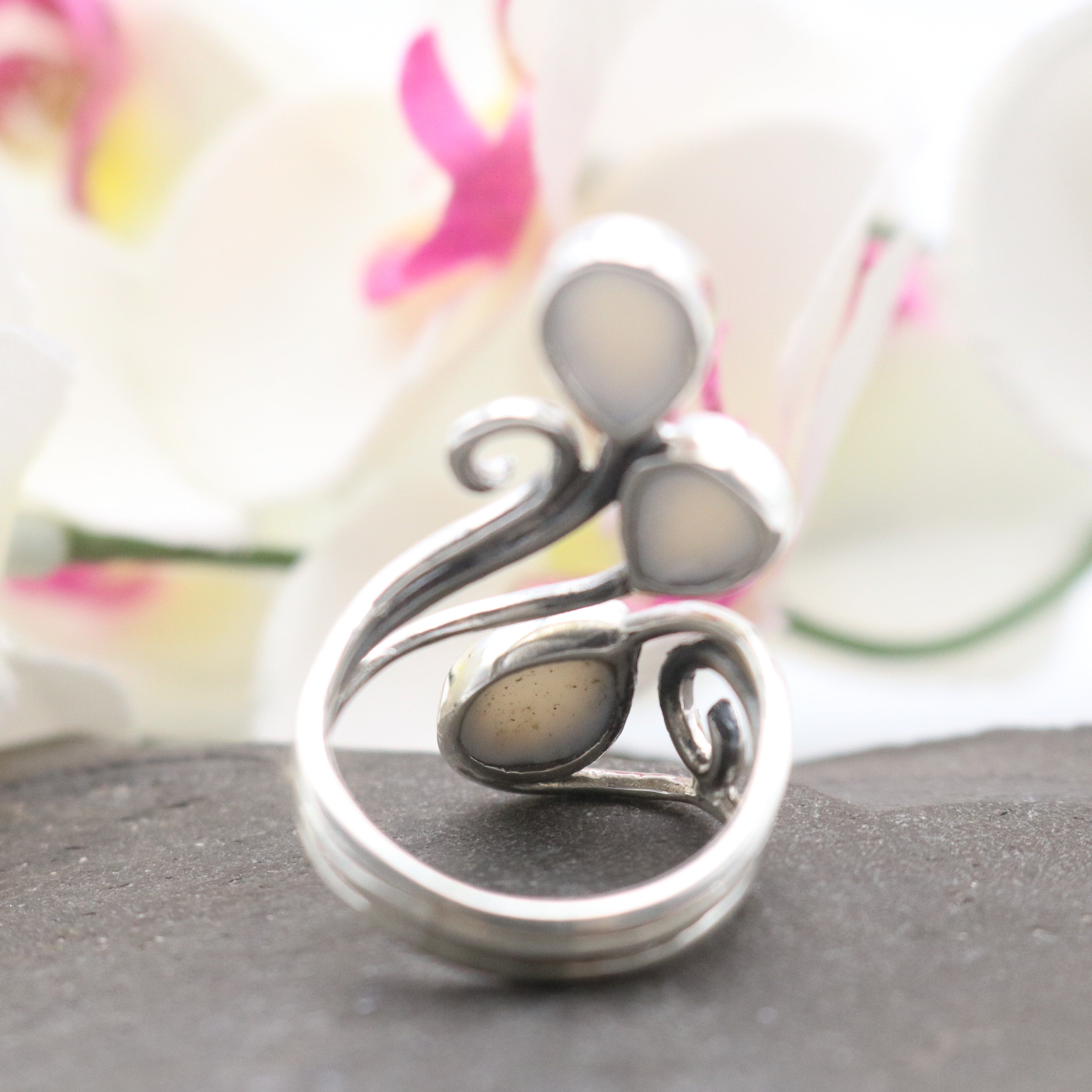 Hepburn and Hughes Mother of Pearl Ring | Adjustable band | Triple teardrop | Sterling Silver