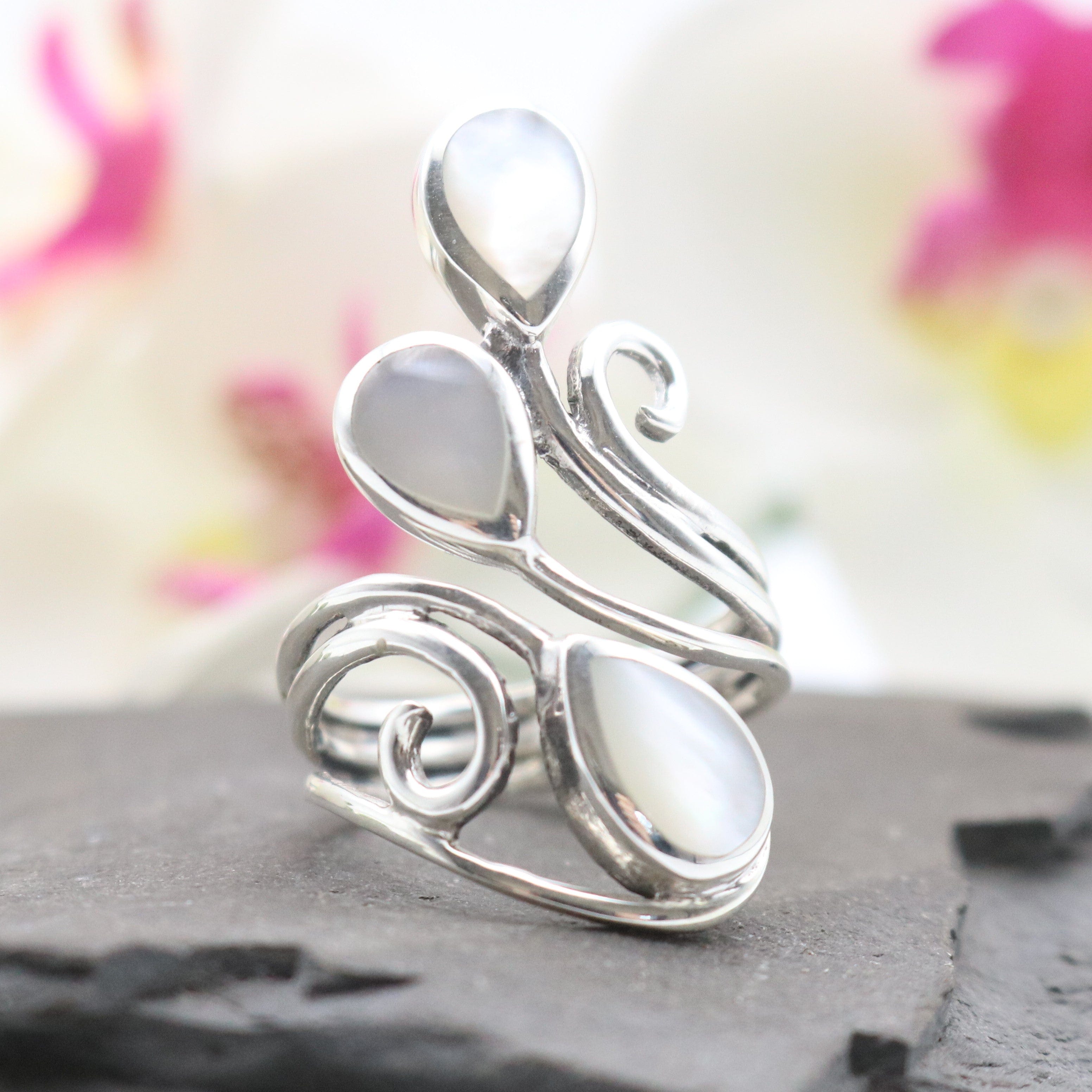 Hepburn and Hughes Mother of Pearl Ring | Adjustable band | Triple teardrop | Sterling Silver