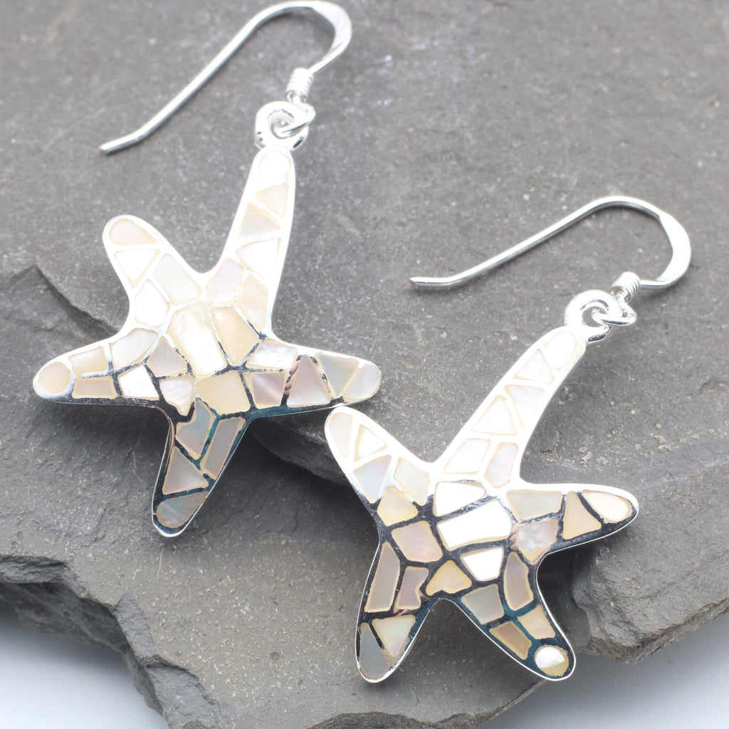 Hepburn and Hughes Mother of Pearl Starfish Drop Earrings | White Mosaic | Sterling Silver