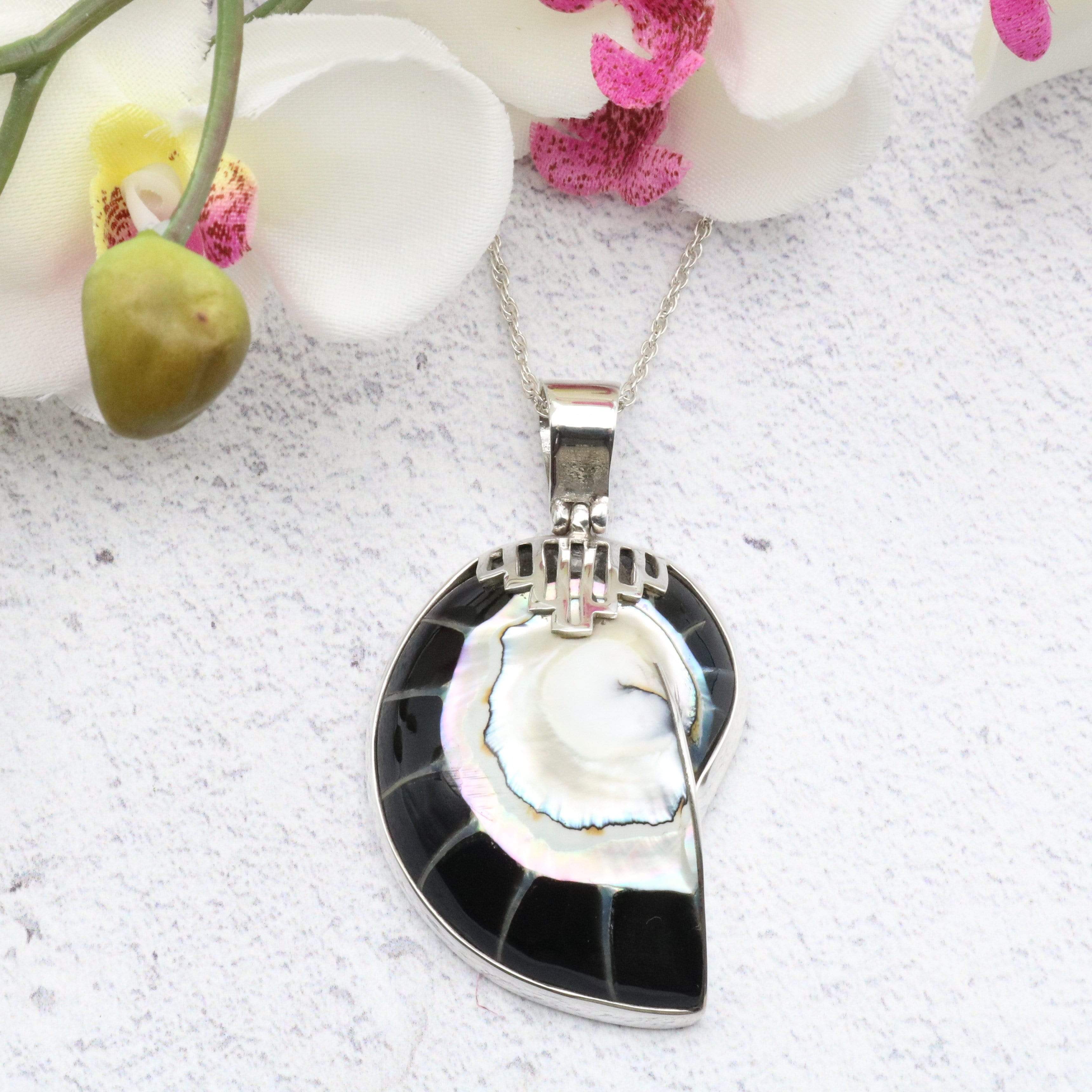 Hepburn and Hughes Nautilus Shell Pendant, small black Art Deco in Sterling Silver
