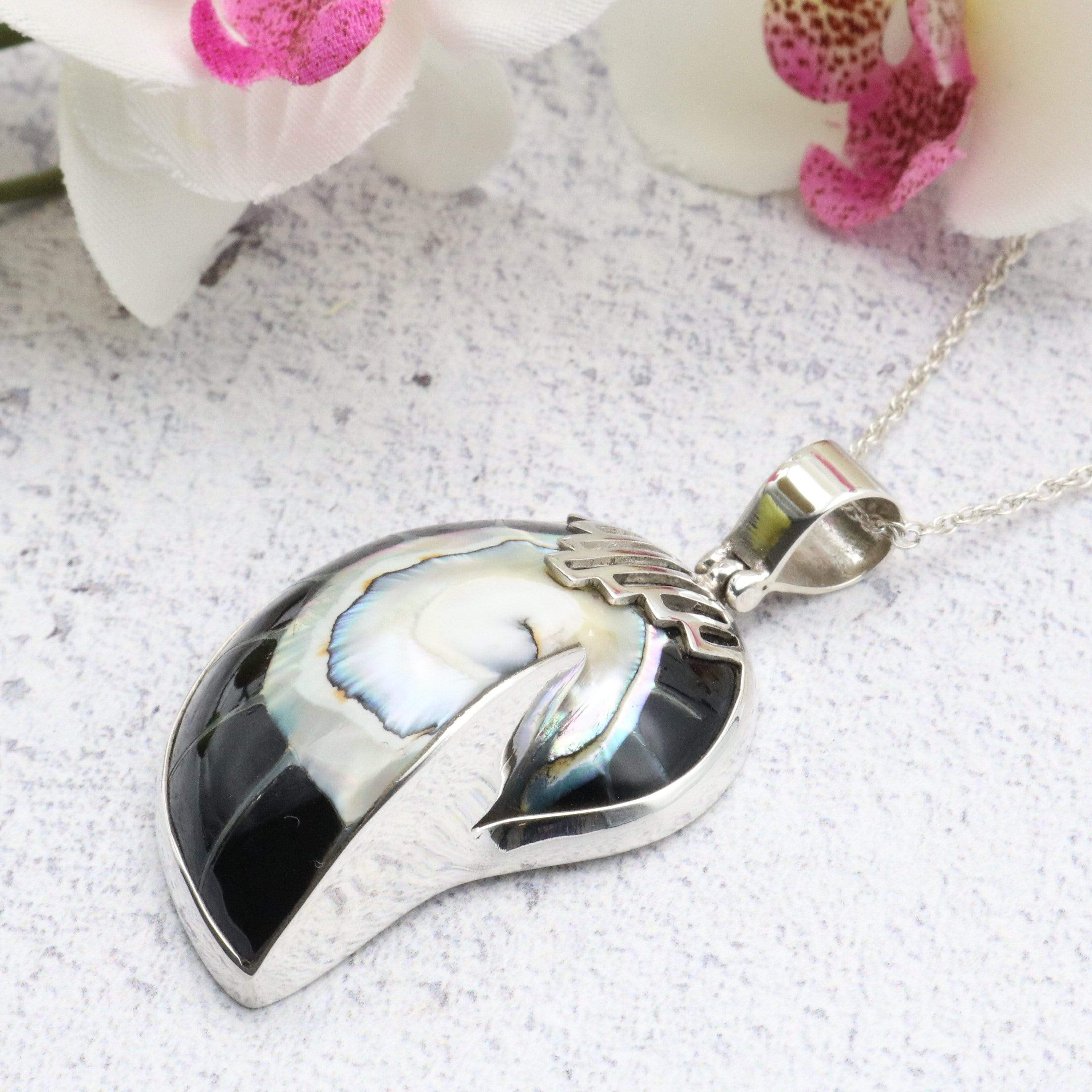 Hepburn and Hughes Nautilus Shell Pendant, small black Art Deco in Sterling Silver