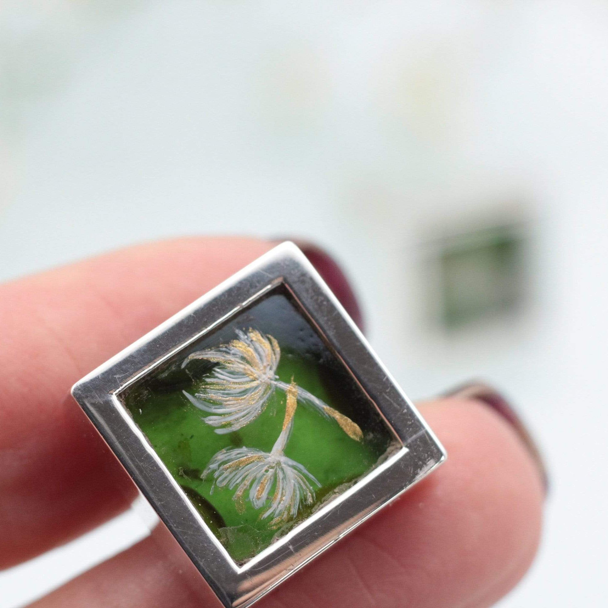 Hepburn and Hughes Painted flowers on upcycled Gin Bottle Cufflinks in Sterling Silver