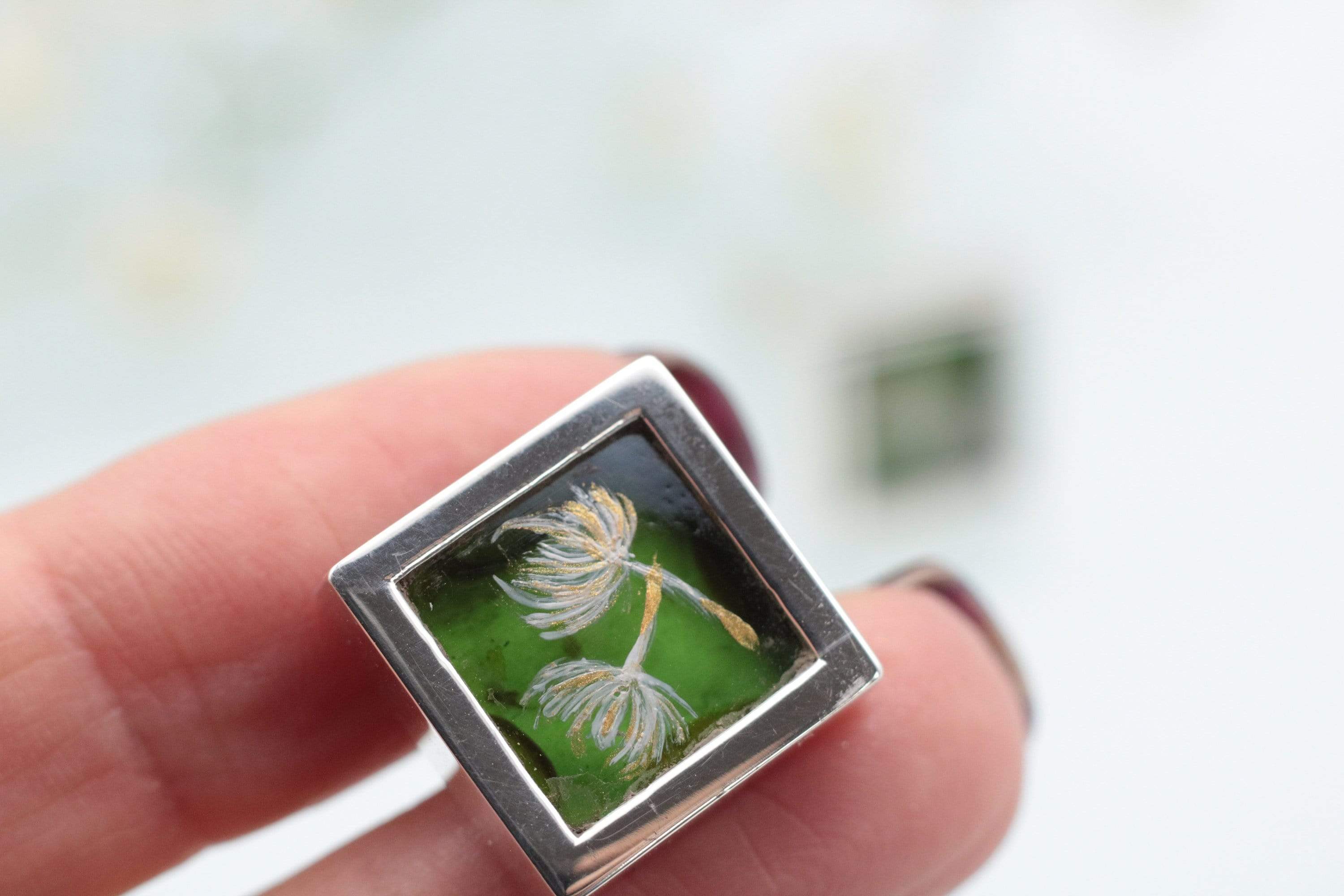 Hepburn and Hughes Painted flowers on upcycled Gin Bottle Cufflinks in Sterling Silver