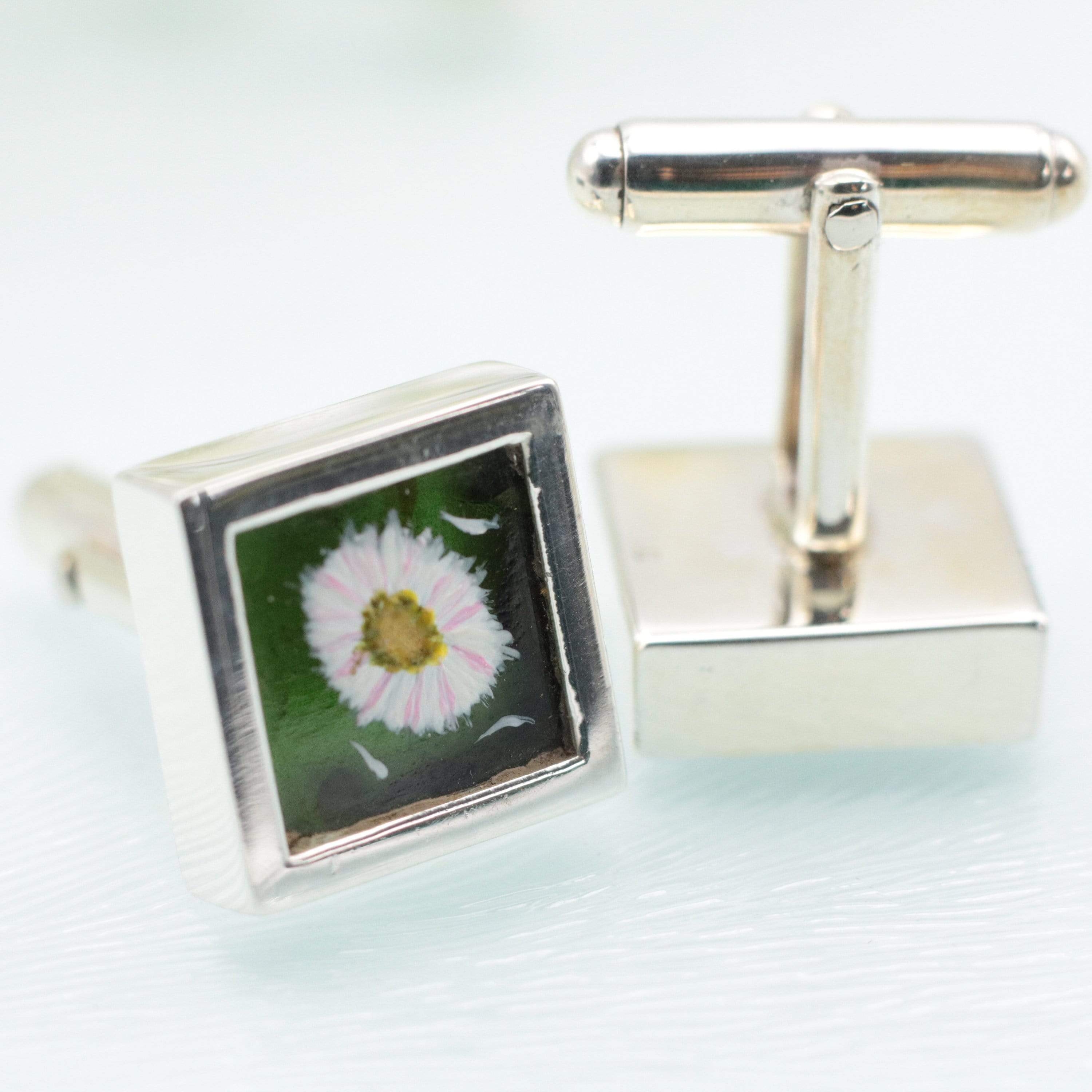 Hepburn and Hughes Painted flowers on upcycled Gin Bottle Cufflinks in Sterling Silver