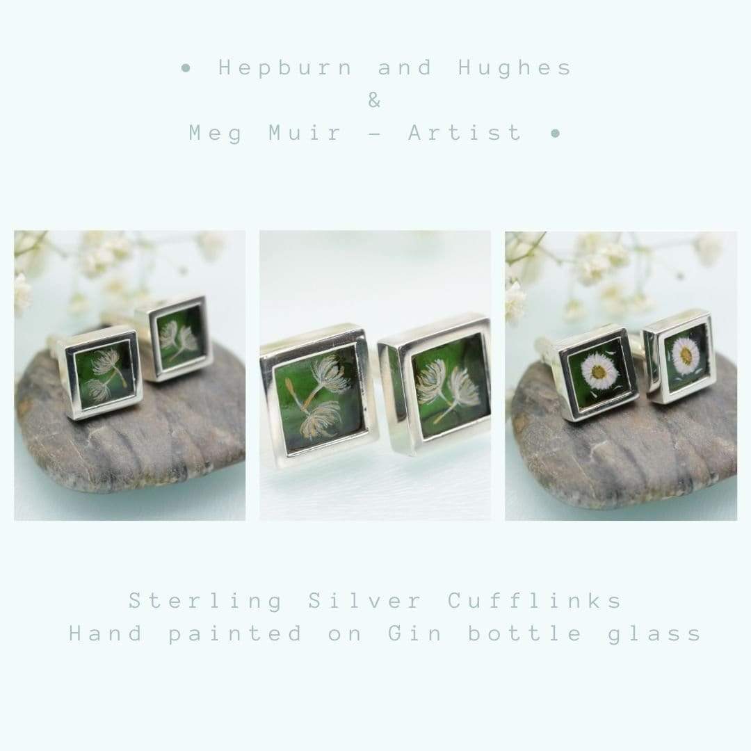 Hepburn and Hughes Painted flowers on upcycled Gin Bottle Cufflinks in Sterling Silver