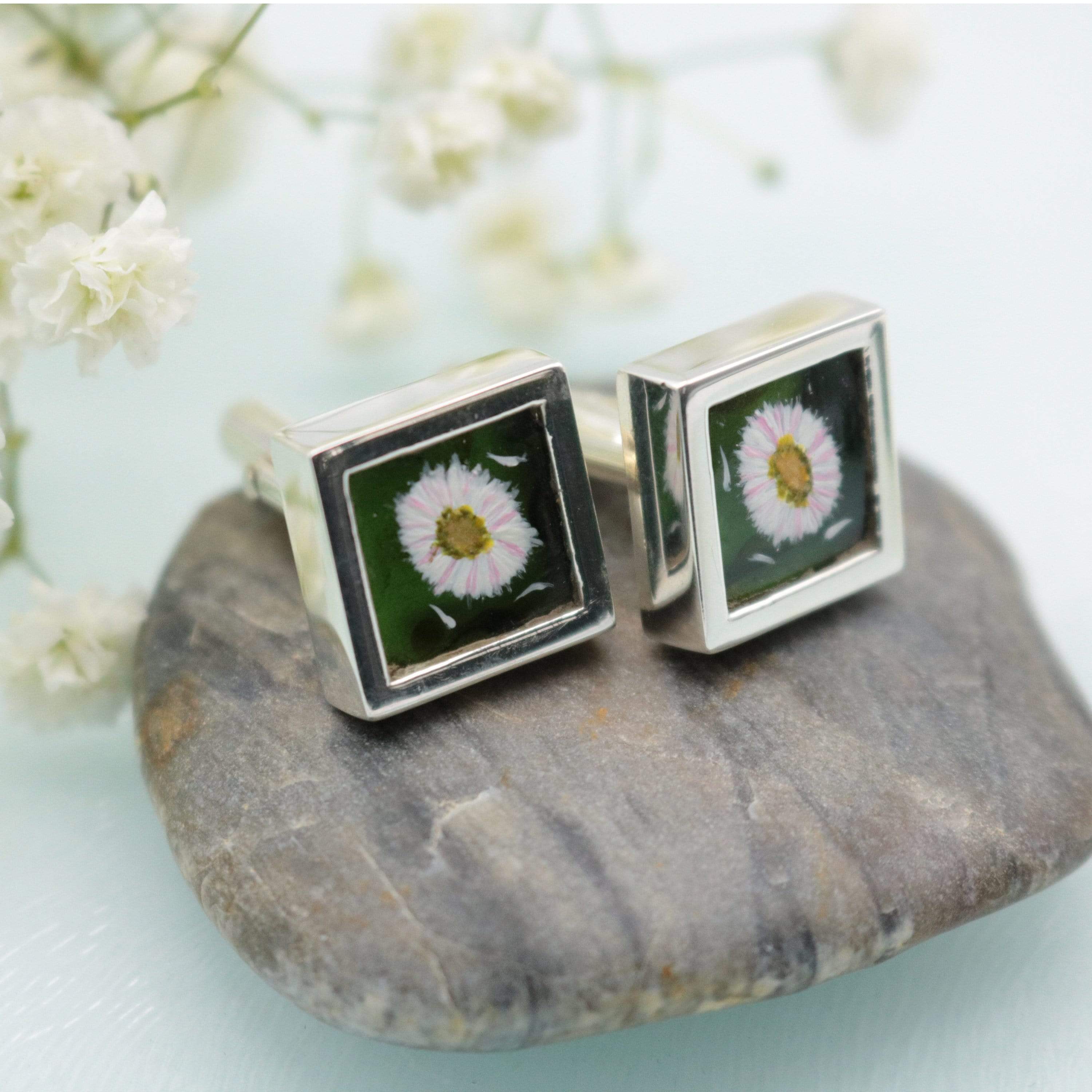 Hepburn and Hughes Painted flowers on upcycled Gin Bottle Cufflinks in Sterling Silver