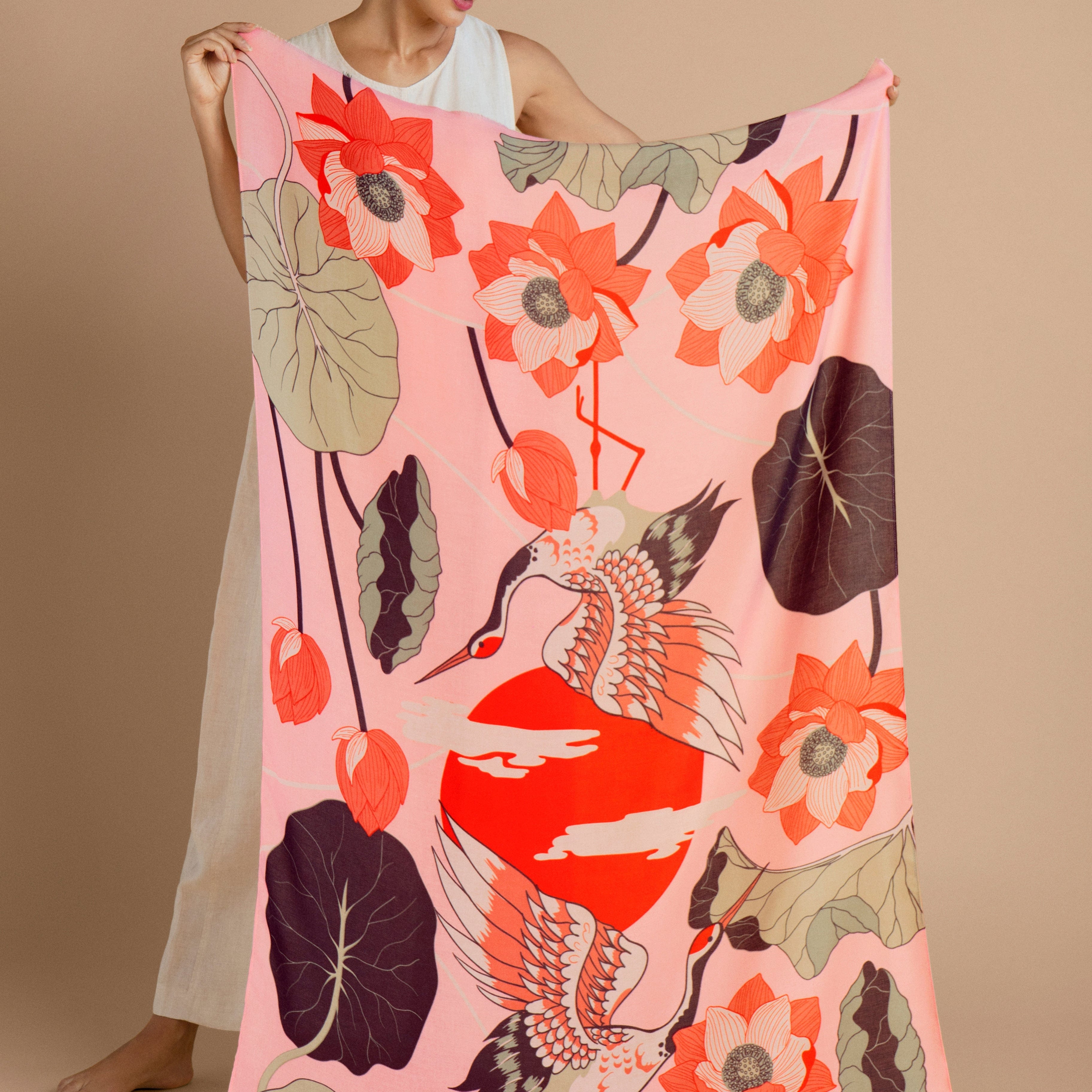 Hepburn & Hughes Powder Scarf | Crane Design Print | Pink