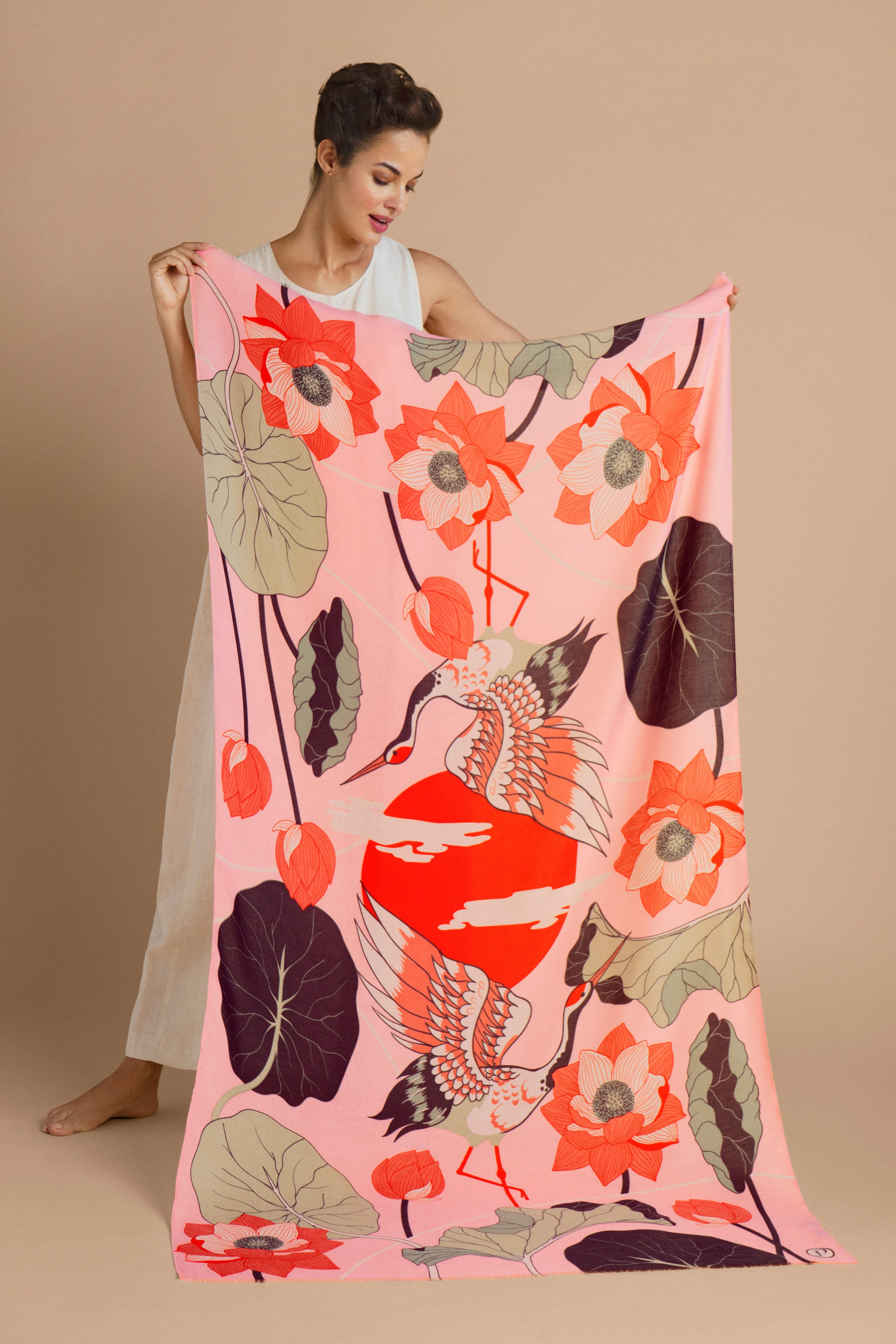 Hepburn & Hughes Powder Scarf | Crane Design Print | Pink