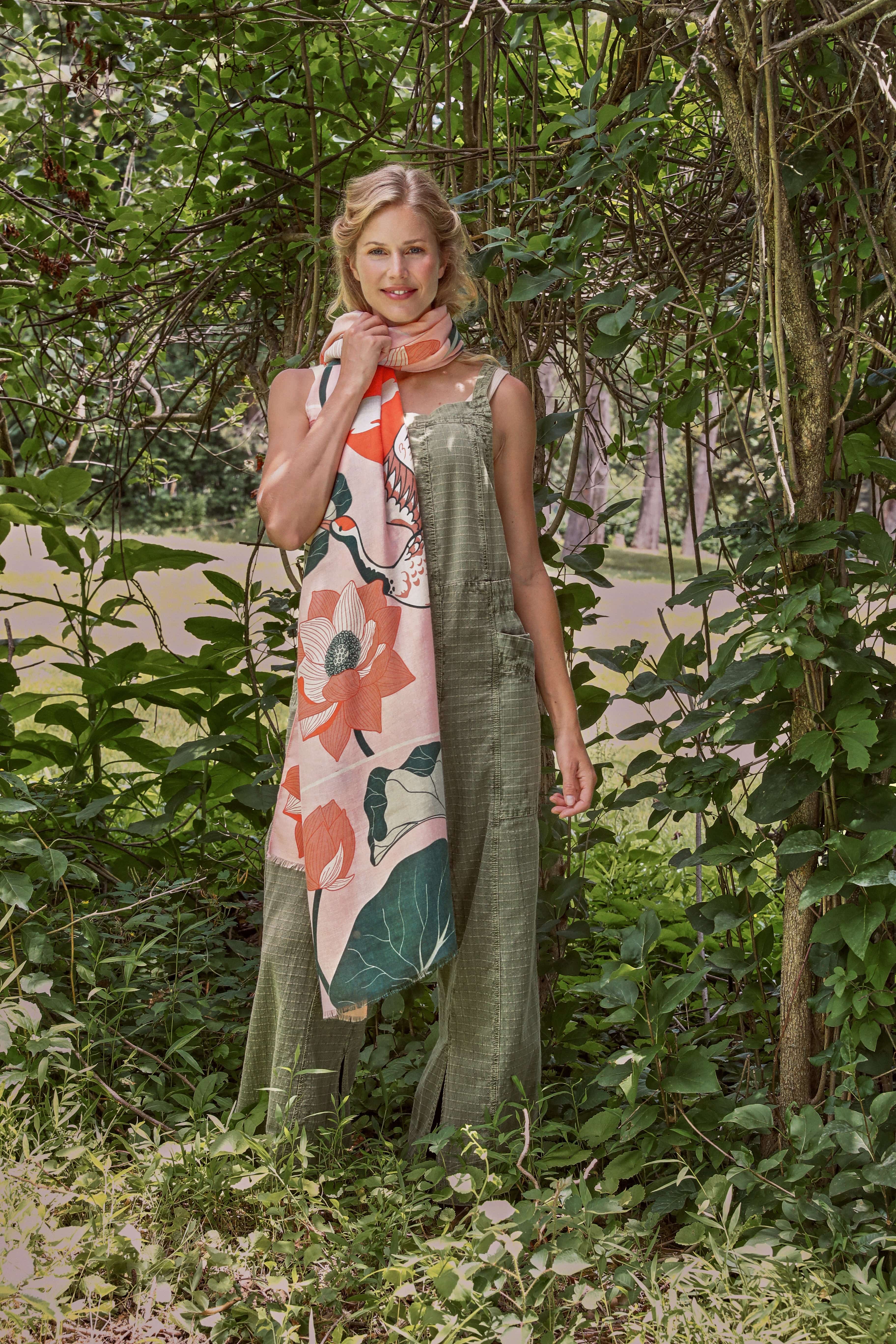 Hepburn & Hughes Powder Scarf | Crane Design Print | Pink