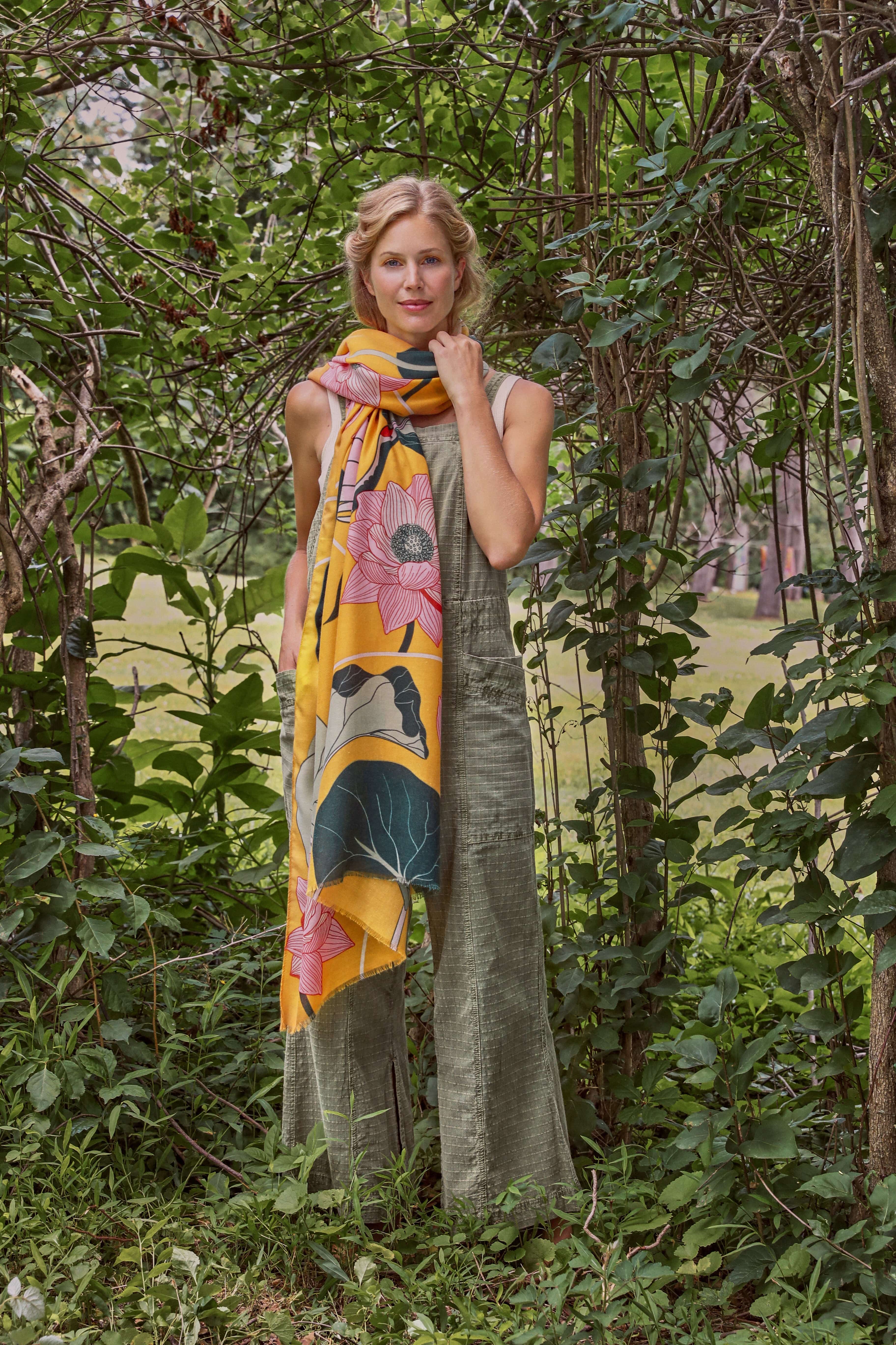Hepburn & Hughes Powder Scarf | Crane Design Print | Yellow