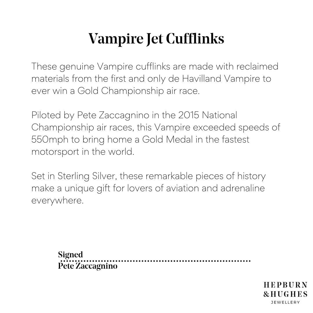 Hepburn and Hughes PRE ORDER:  Vampire Jet Cufflinks | Original Parts of Championship Winning Jet  | Sterling Silver