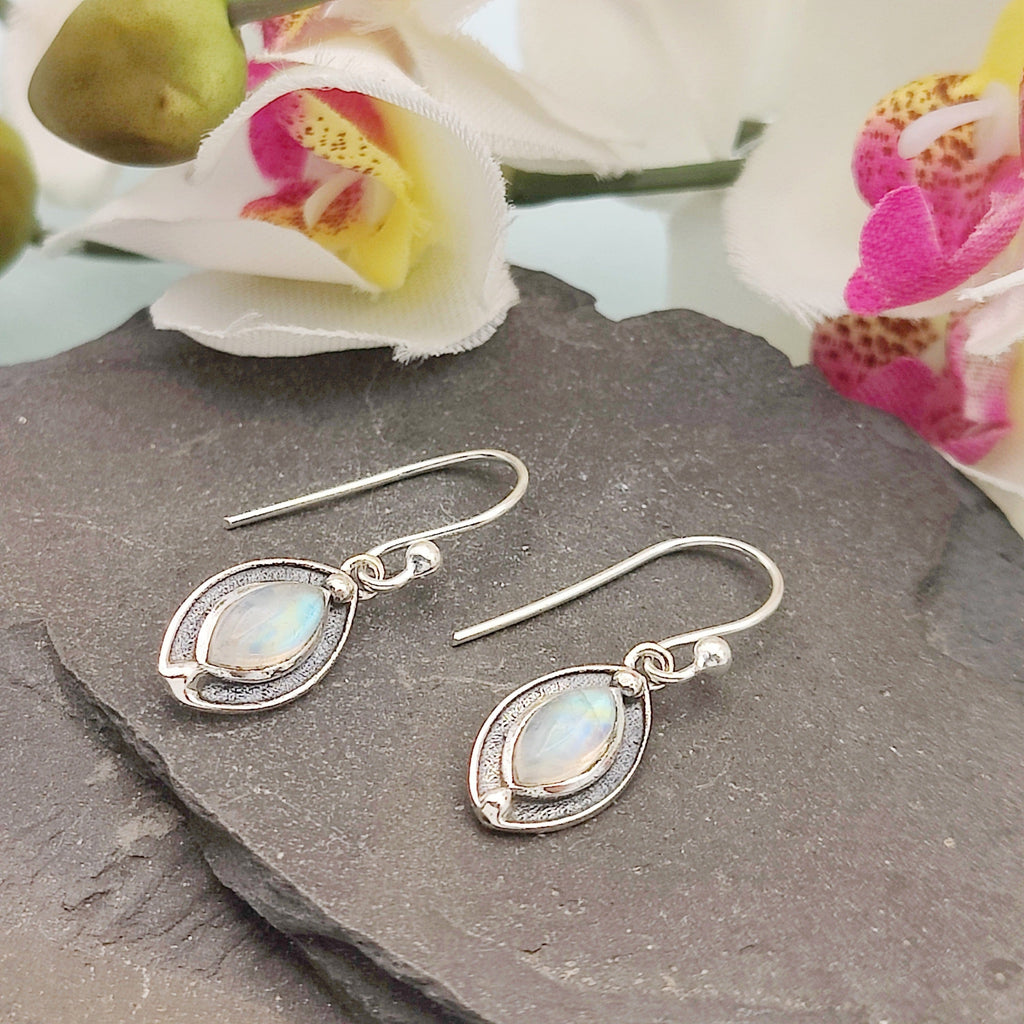 Hepburn and Hughes Rainbow Moonstone Drop Earrings | Pointed Oval Double Bezel | Sterling Silver