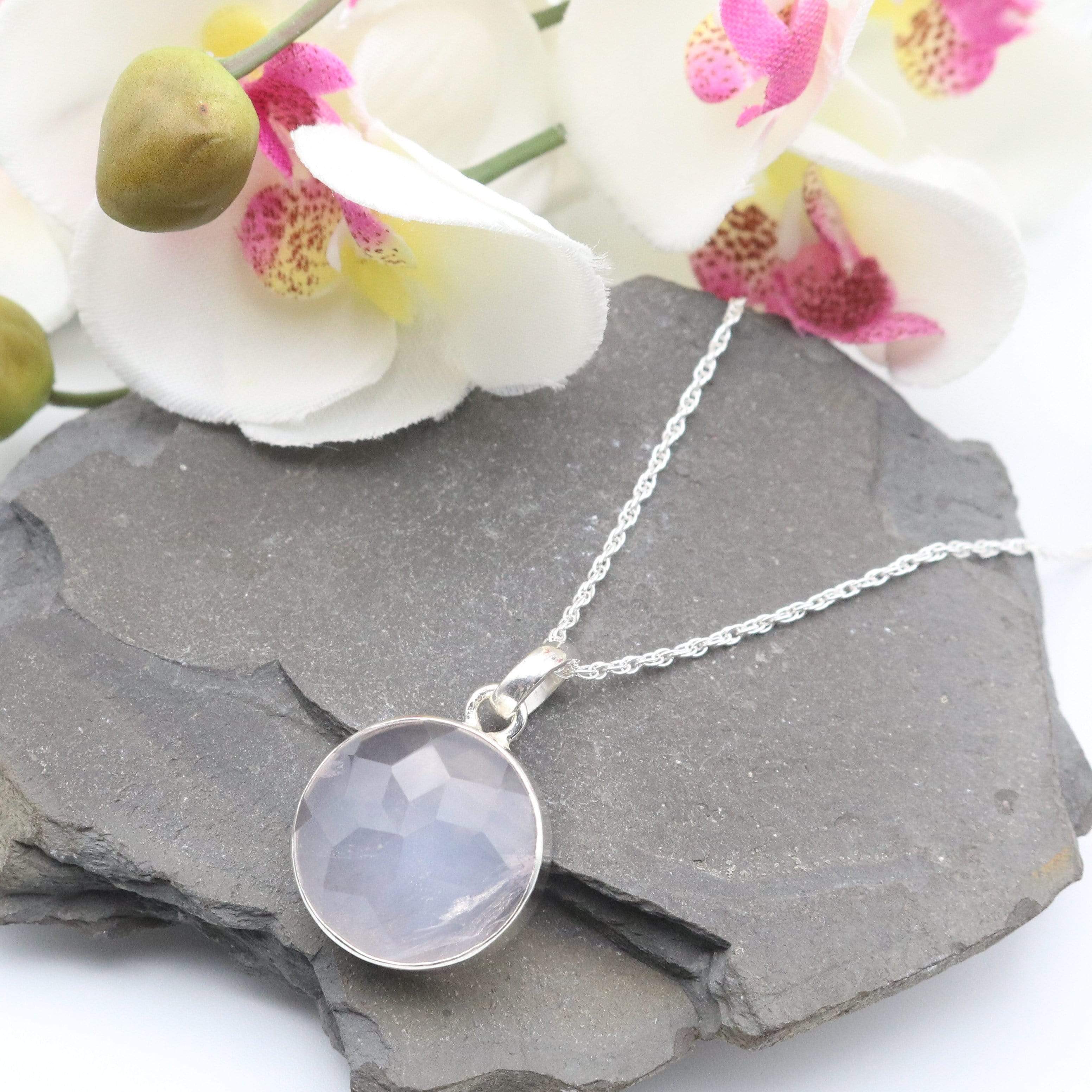 Hepburn and Hughes Rose Quartz Pendant | Circular Faceted Briolette | Sterling Silver