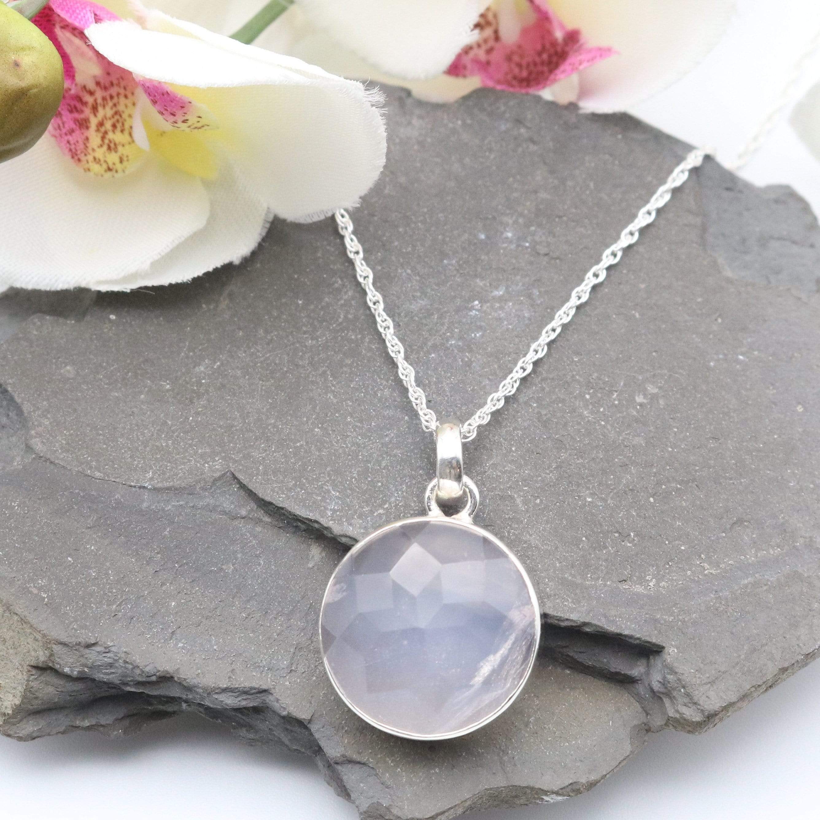 Hepburn and Hughes Rose Quartz Pendant | Circular Faceted Briolette | Sterling Silver