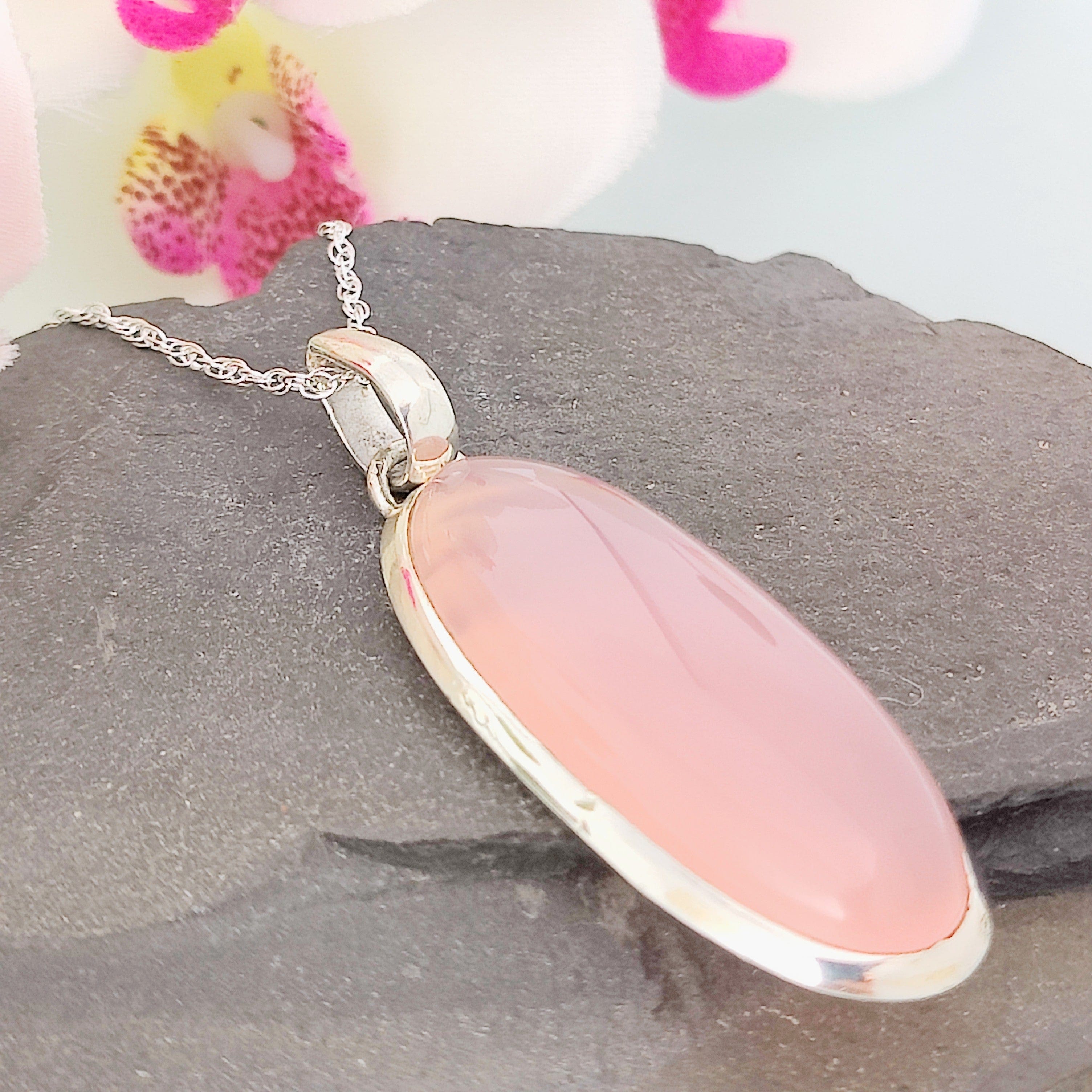 Hepburn and Hughes Rose Quartz Pendant | Long Oval | Sterling Silver