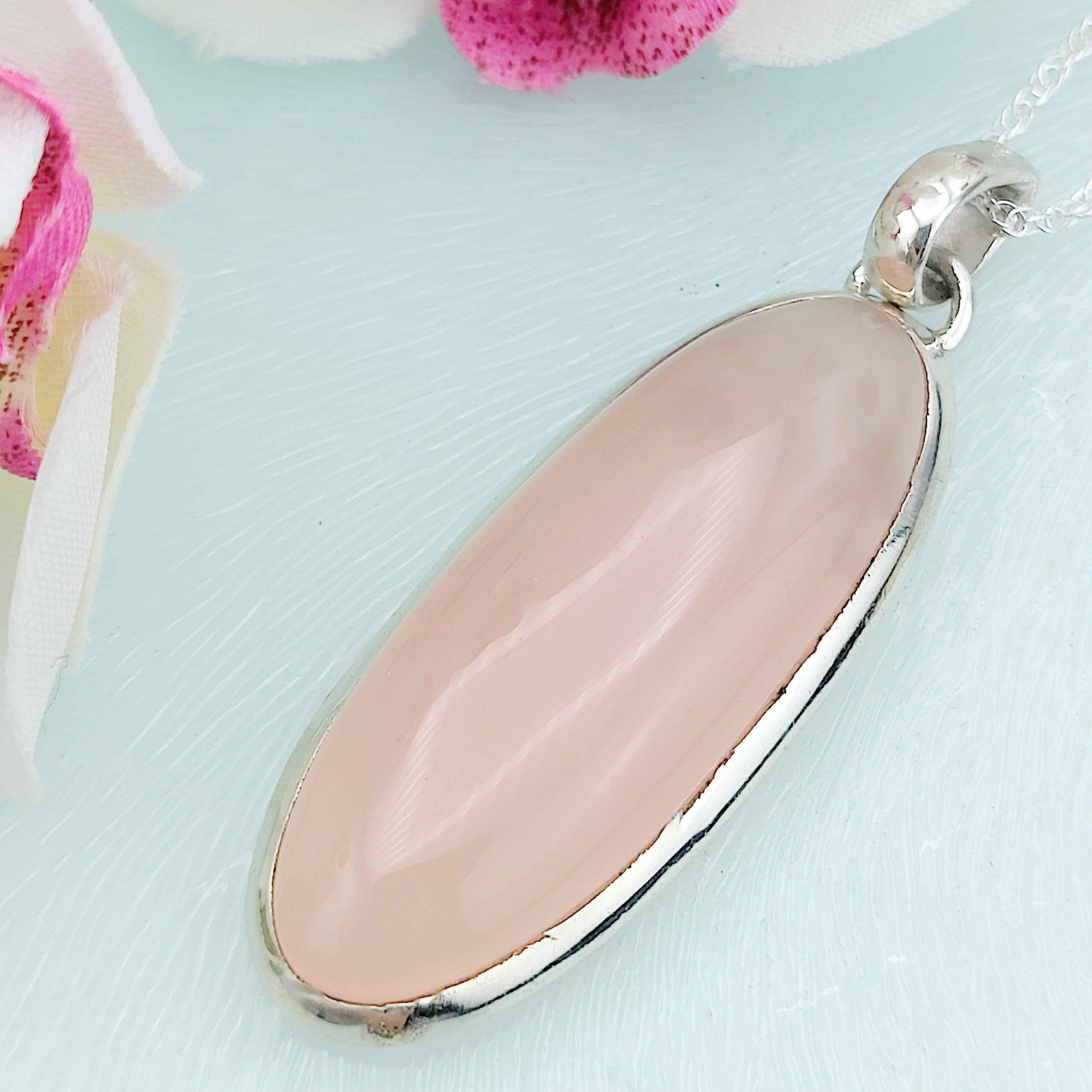 Hepburn and Hughes Rose Quartz Pendant | Long Oval | Sterling Silver