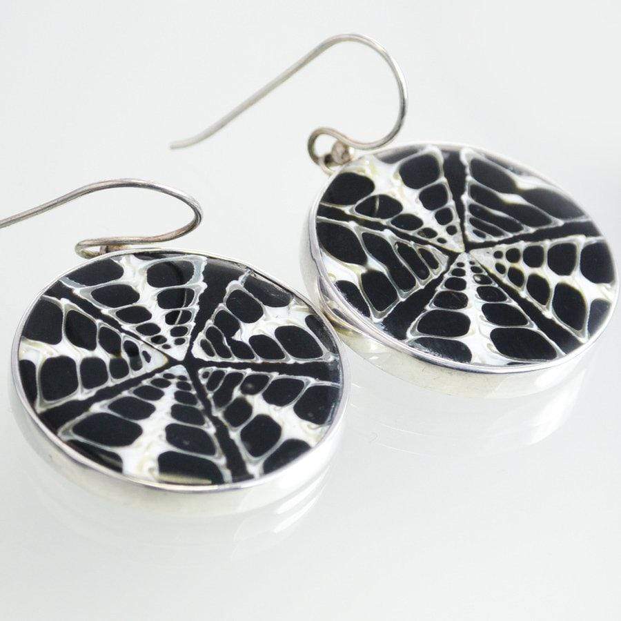 Hepburn and Hughes Seashell Earrings, Black Circle Troca in Sterling Silver