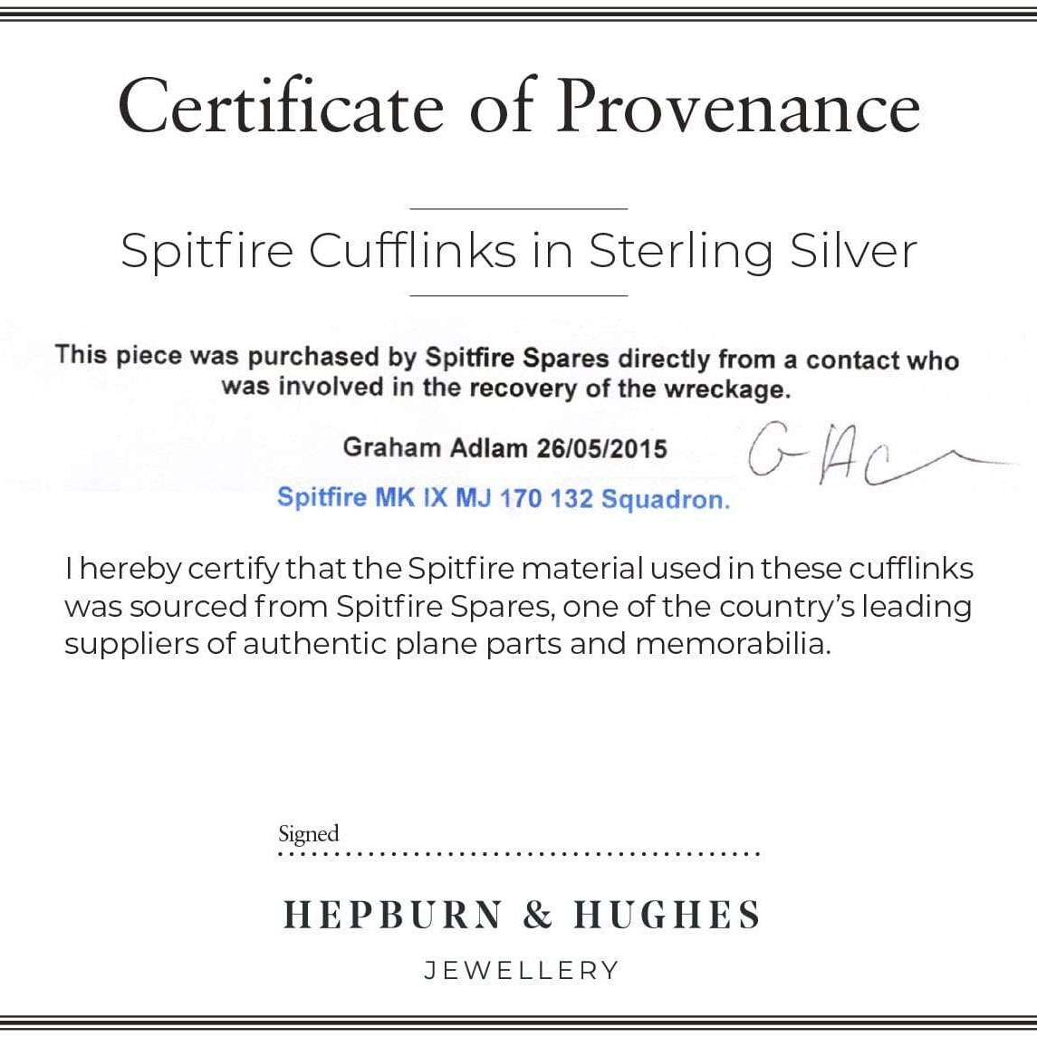 Hepburn and Hughes Spitfire Cufflinks | Made from genuine Spitfire parts | Sterling Silver