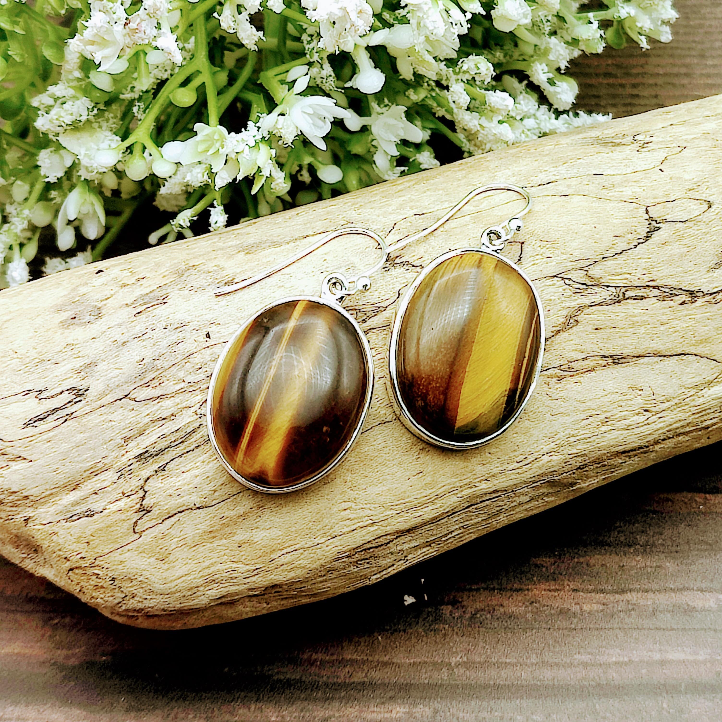 Hepburn and Hughes Tigers Eye Earrings | Large Oval | Sterling Silver