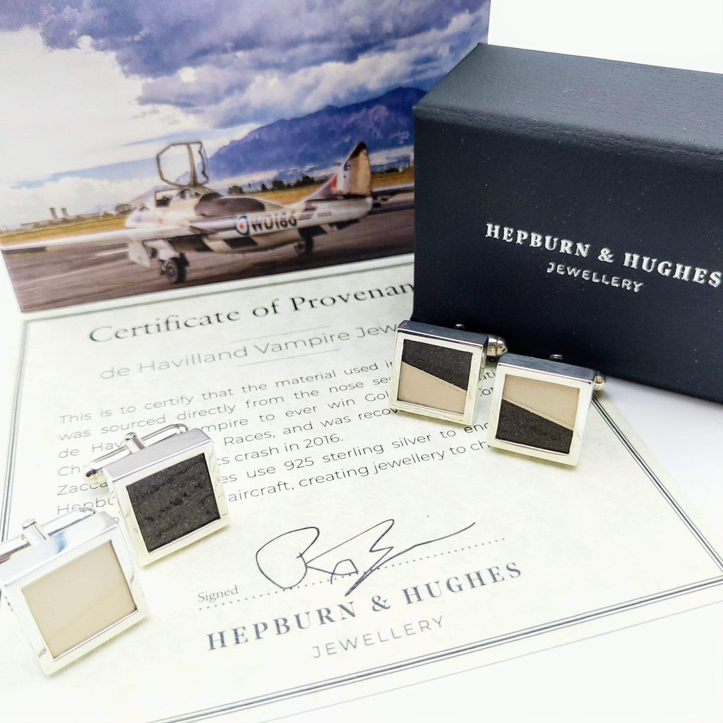 Hepburn and Hughes Vampire Jet Cufflinks | Original Parts of Championship Winning Jet  | Sterling Silver