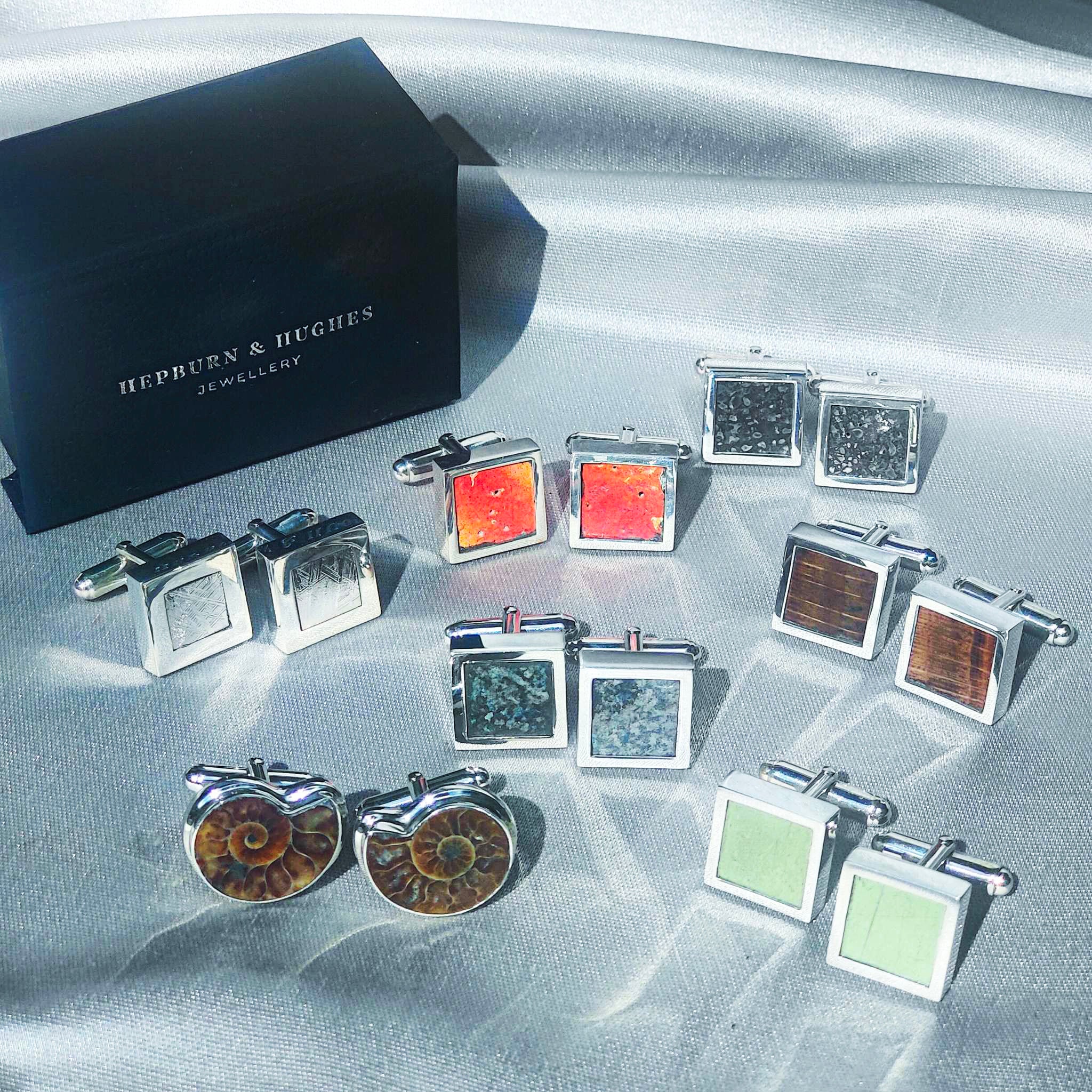 A selection of cufflinks from expert silver jewellery designers Hepburn & Hughes