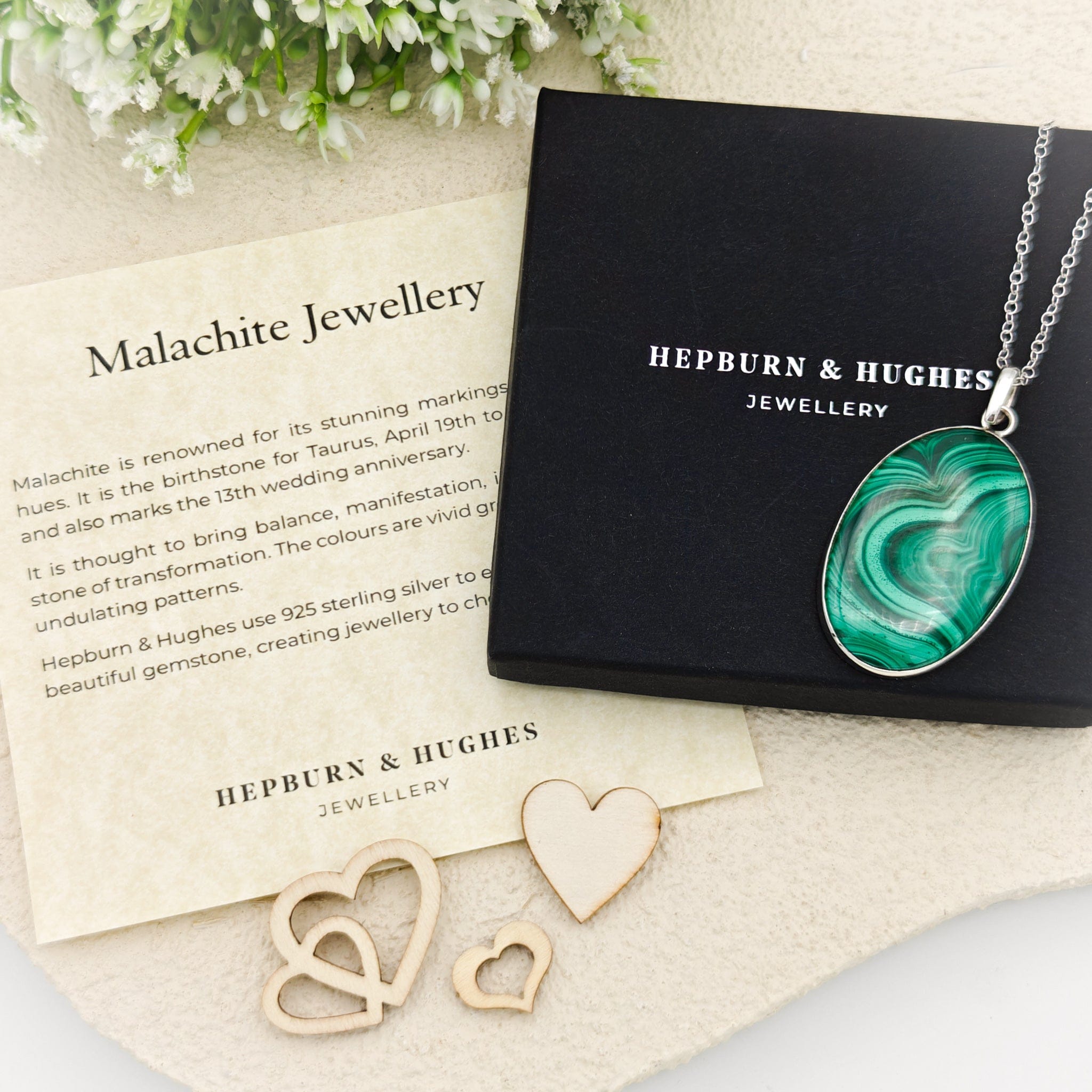 Hepburn and Hughes guide to Malachite jewellery and cufflinks in sterling silver.  Discover the history behind the green gemstone, gift ideas and expert care tips.