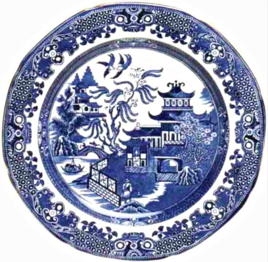 Minton Willow Pattern plate, blue and white design with Chinese buildings, fences, trees and doves