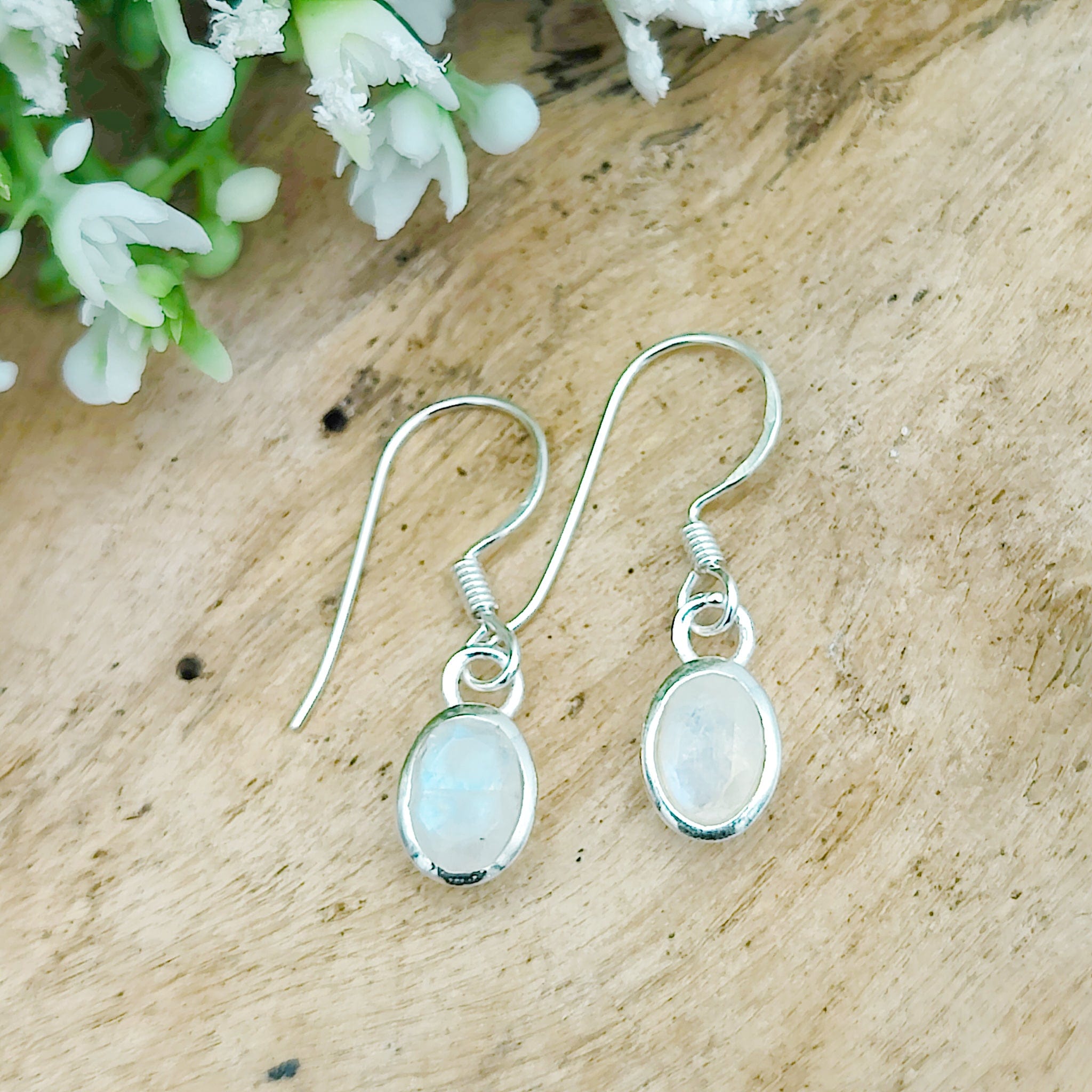 Moonstone earrings, small oval stones in sterling silver