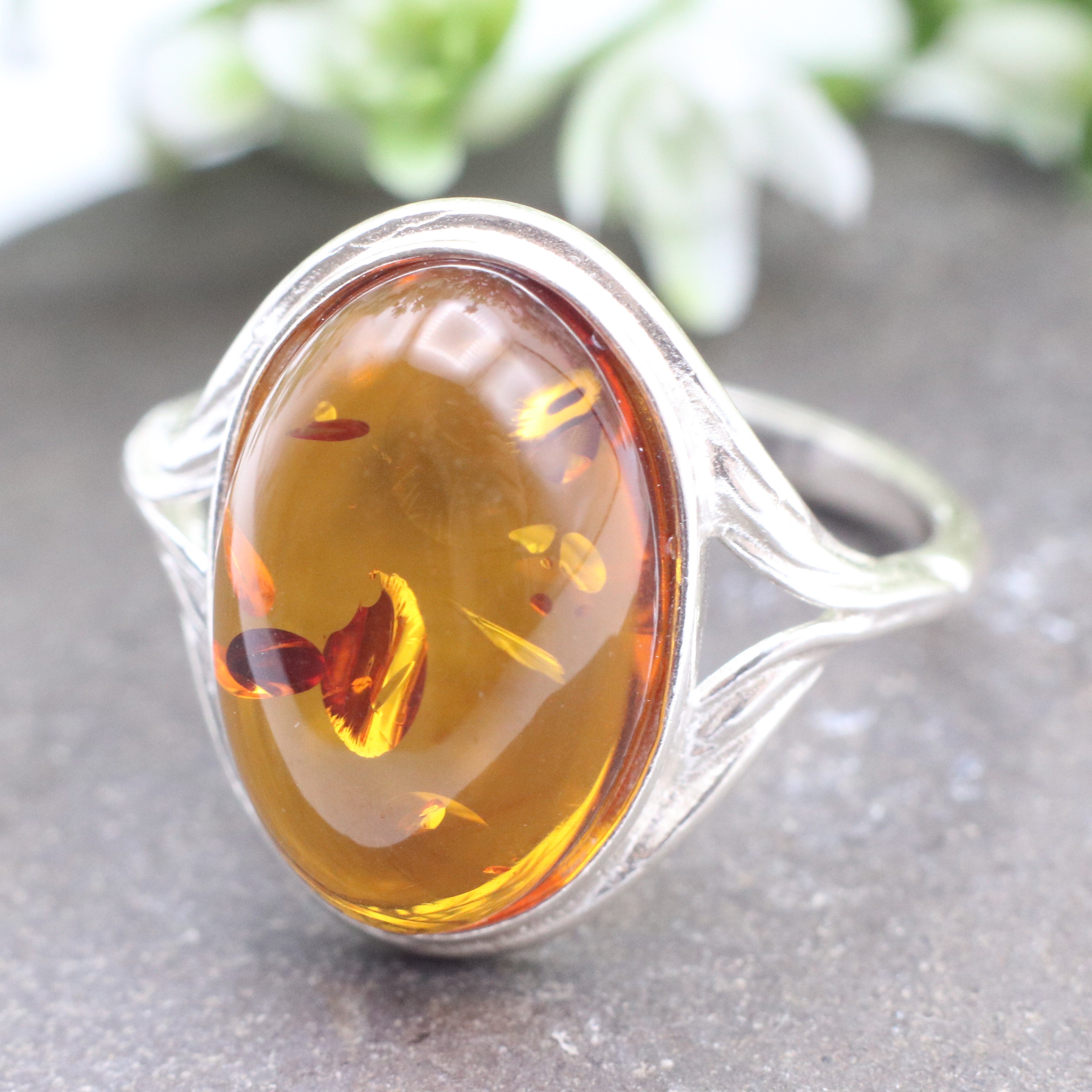 Amber ring, orange brown amber