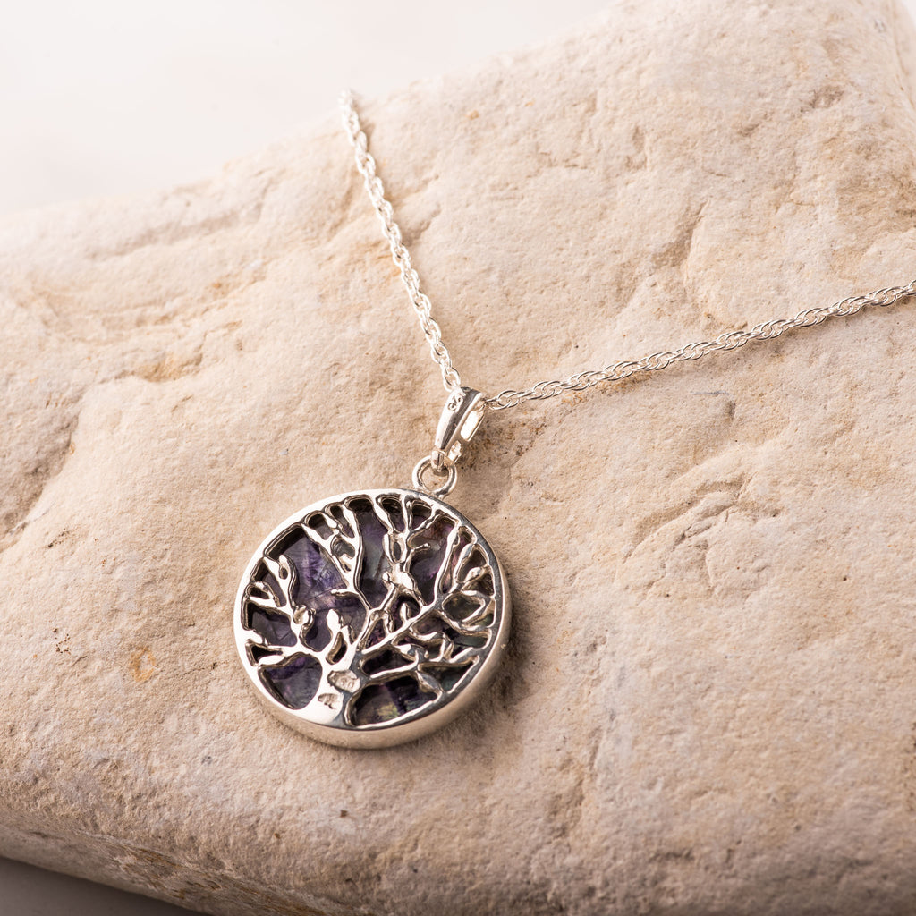 Blue John tree of life pendant set in sterling silver and reversible