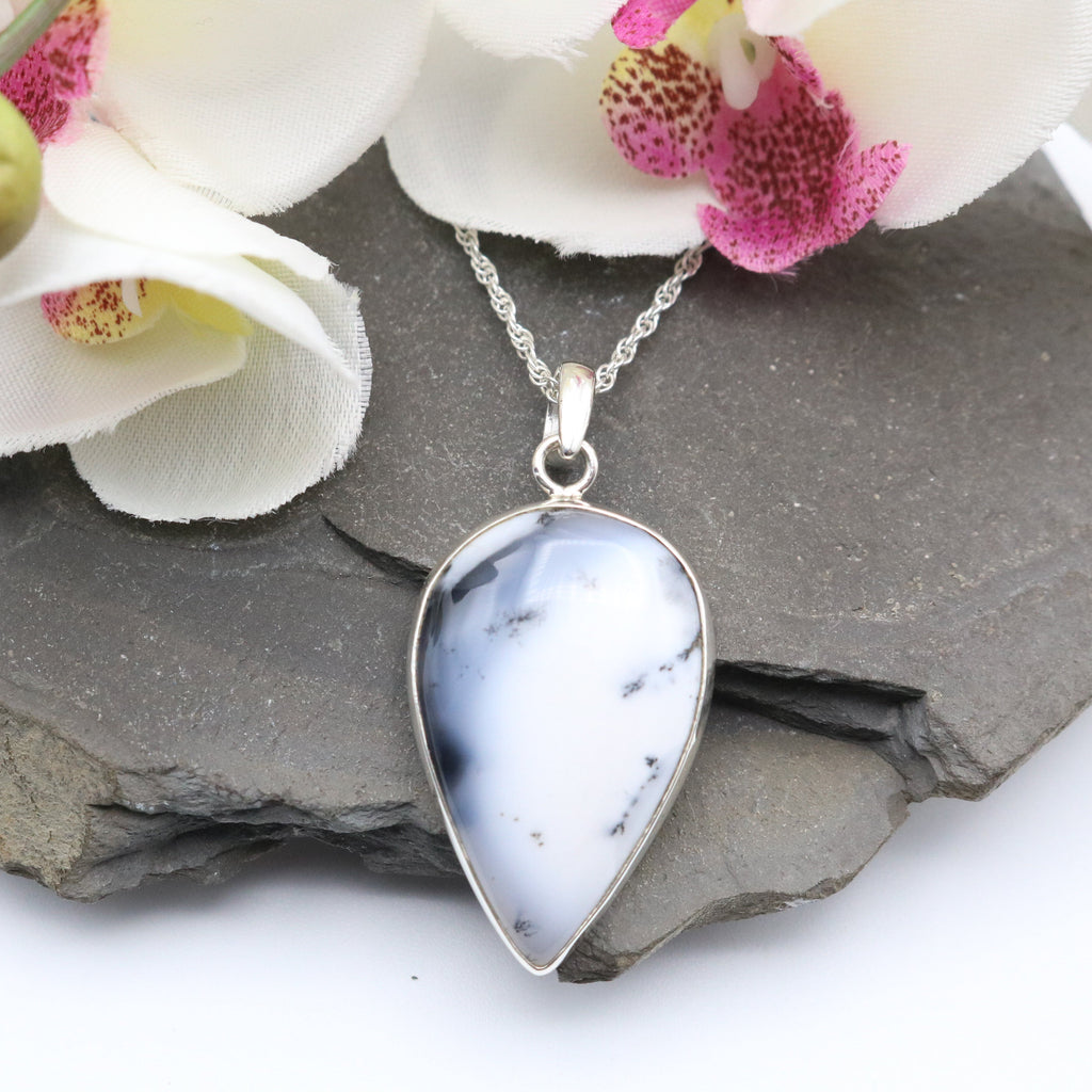 dendritic opal pendant, teardrop in sterling silver