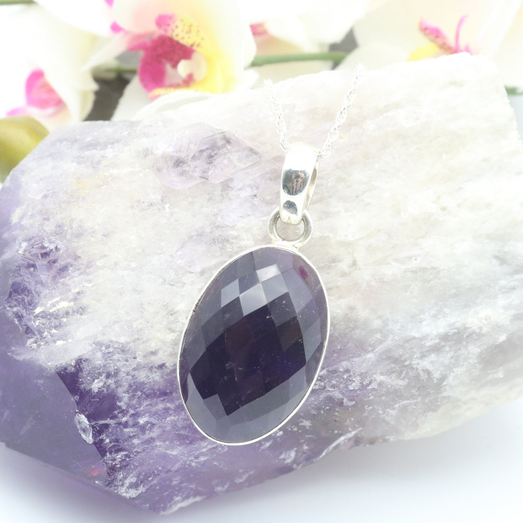 Amethyst pendant with faceted stone, purple gemstone in sterling silver