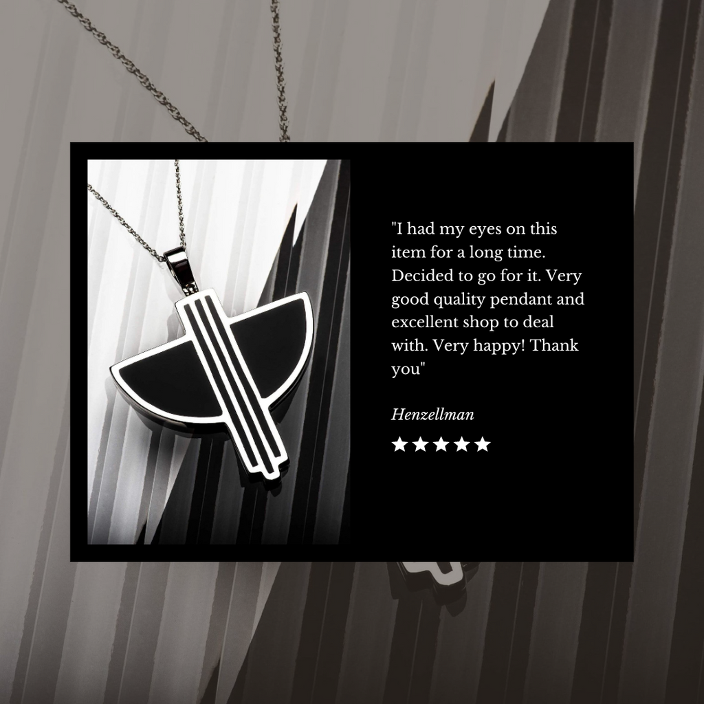 Five-star review of art deco Angel pendant, a black and silver pendant inspired by Art Deco style 