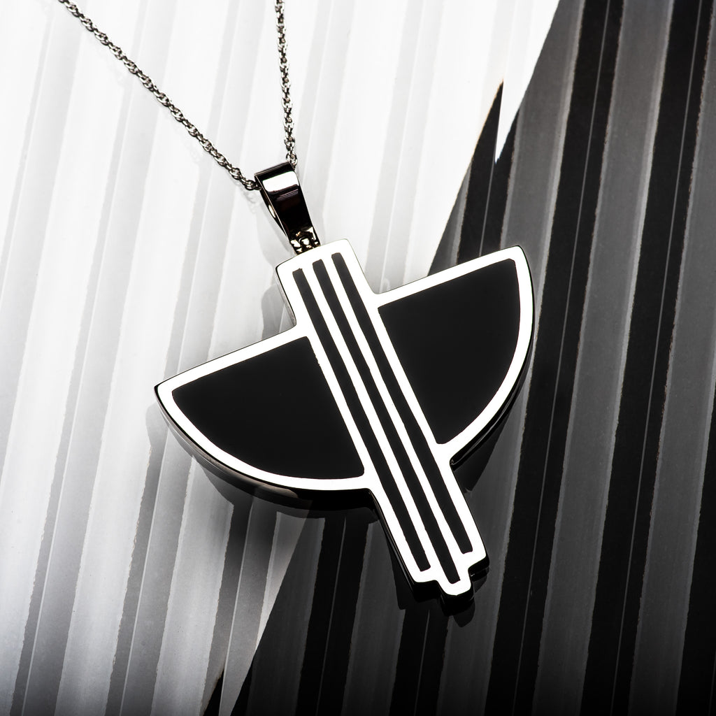 Art Deco sterling silver jewellery anniversary gifts. Our Art Deco Angel Pendant combines sterling silver and black resin. Inspired by the 1920s Art Deco jewellery with a contemporary twist. 