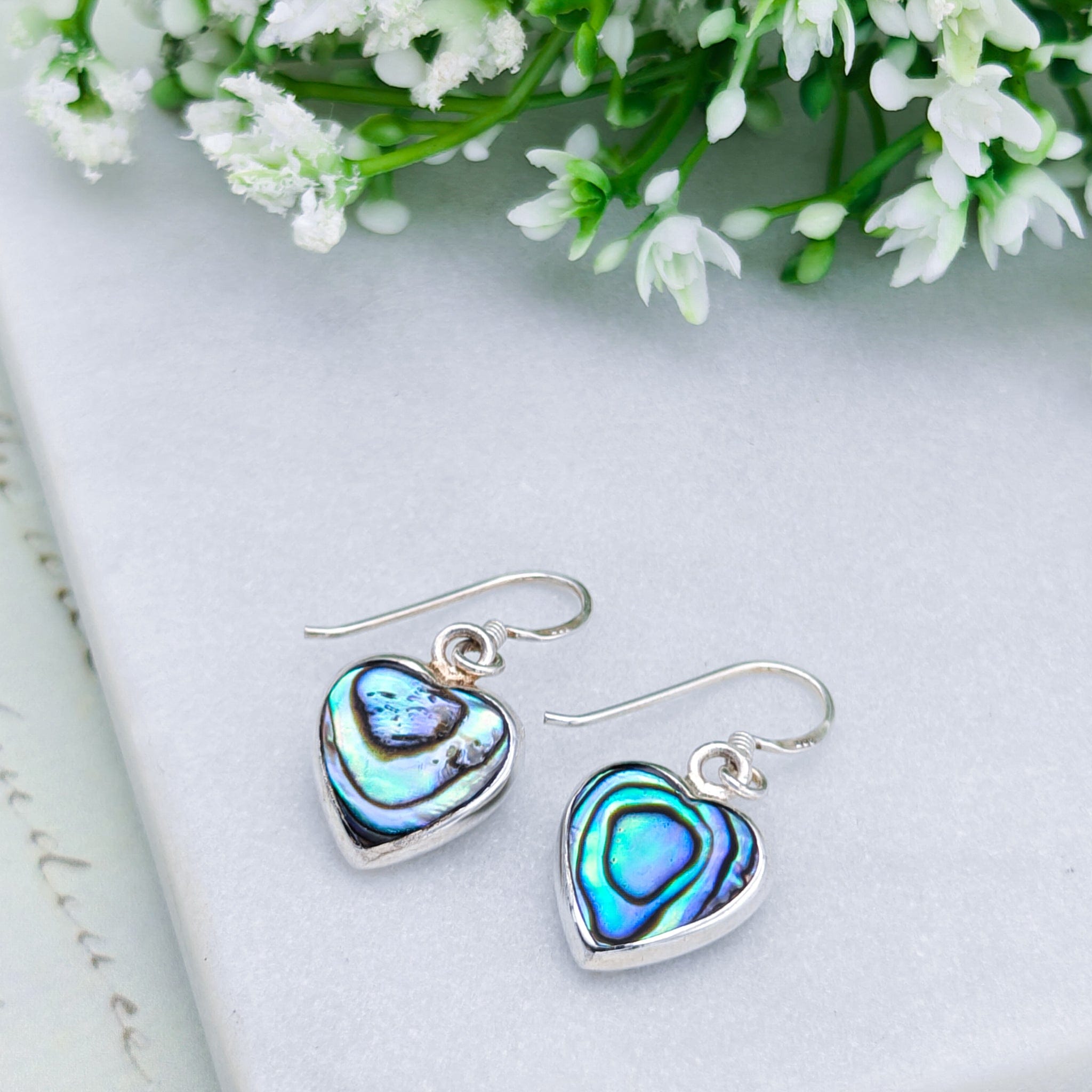 Hepburn and Hughes Abalone Earrings | Mother of Pearl on Reverse | Heart Shaped | Sterling Silver