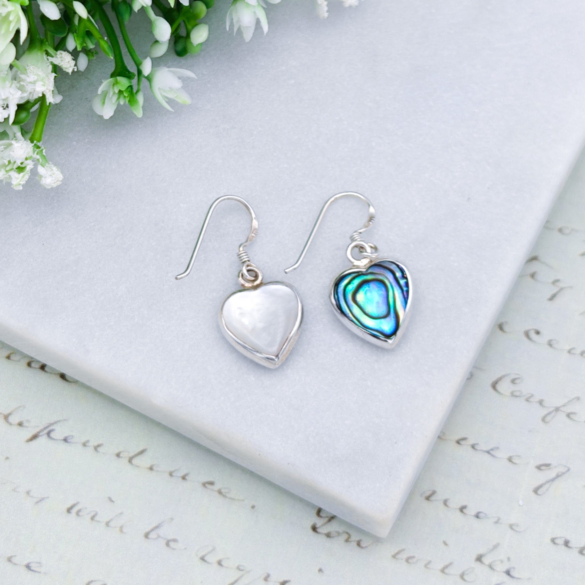 Hepburn and Hughes Abalone Earrings | Mother of Pearl on Reverse | Heart Shaped | Sterling Silver