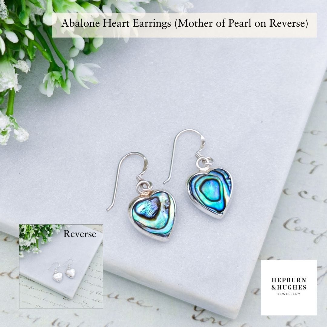 Hepburn and Hughes Abalone Earrings | Mother of Pearl on Reverse | Heart Shaped | Sterling Silver