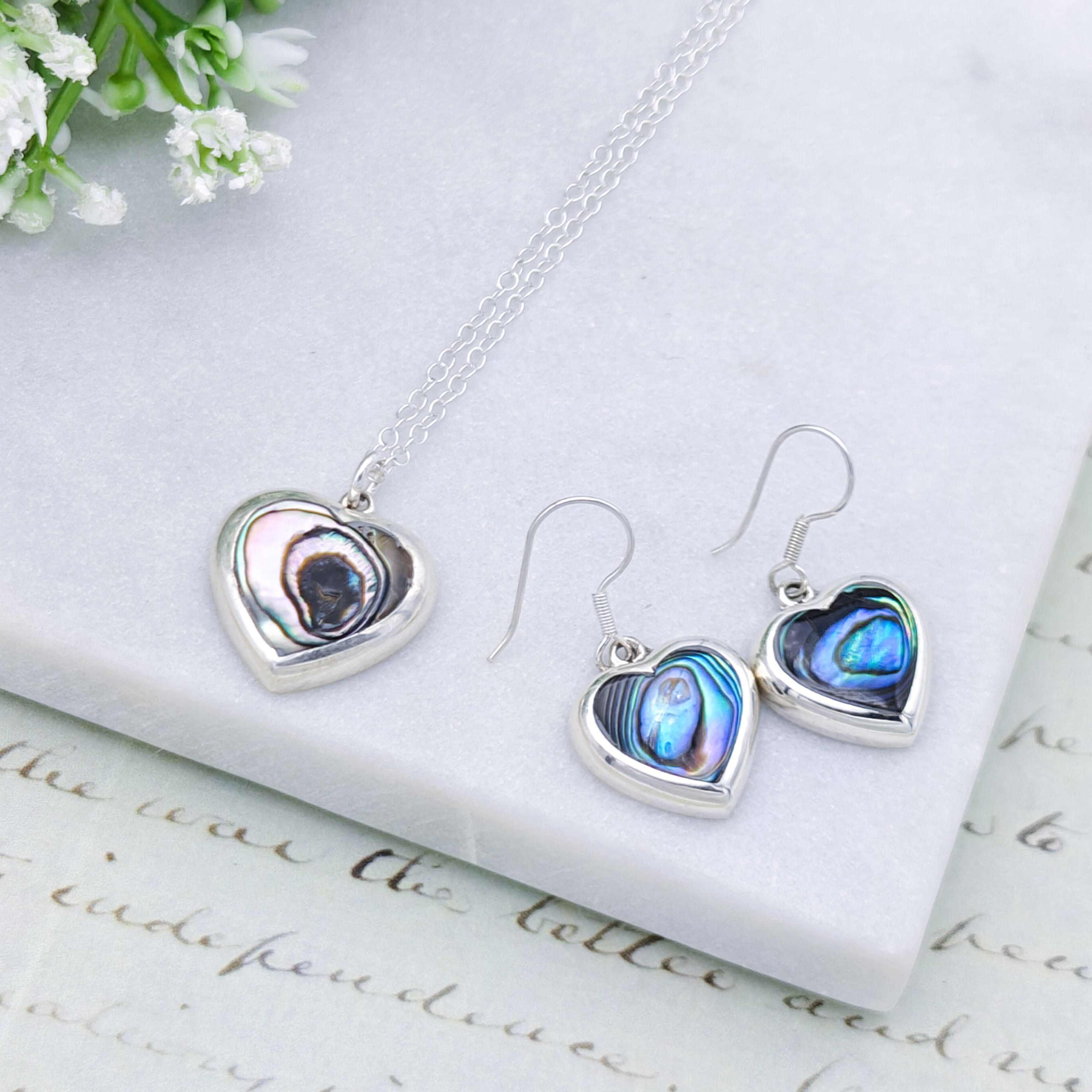Hepburn and Hughes Abalone Heart Earrings in Sterling Silver | Seashell Gift