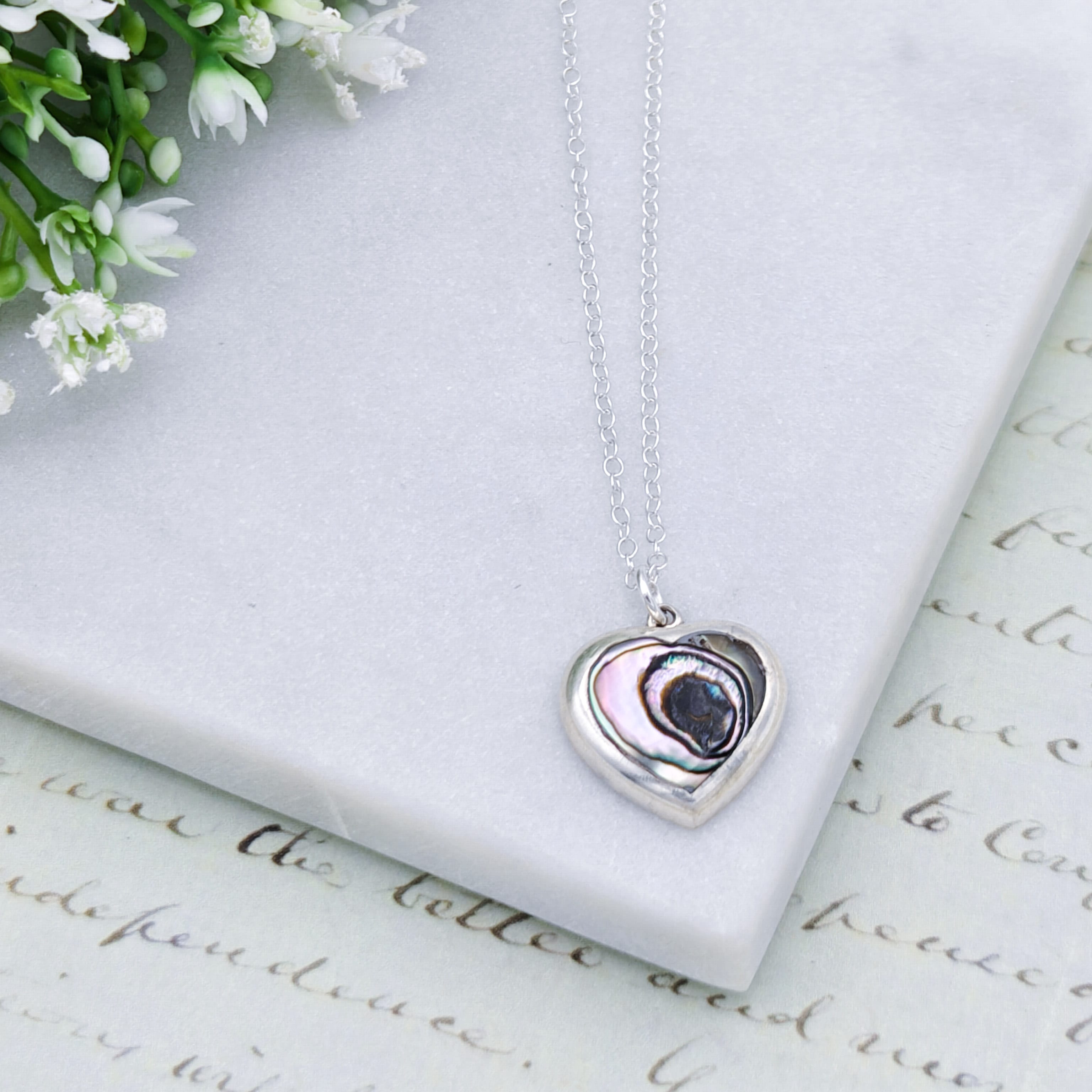 Hepburn and Hughes Abalone Heart Pendant set in sterling silver | 20mm wide | Seashell Gift