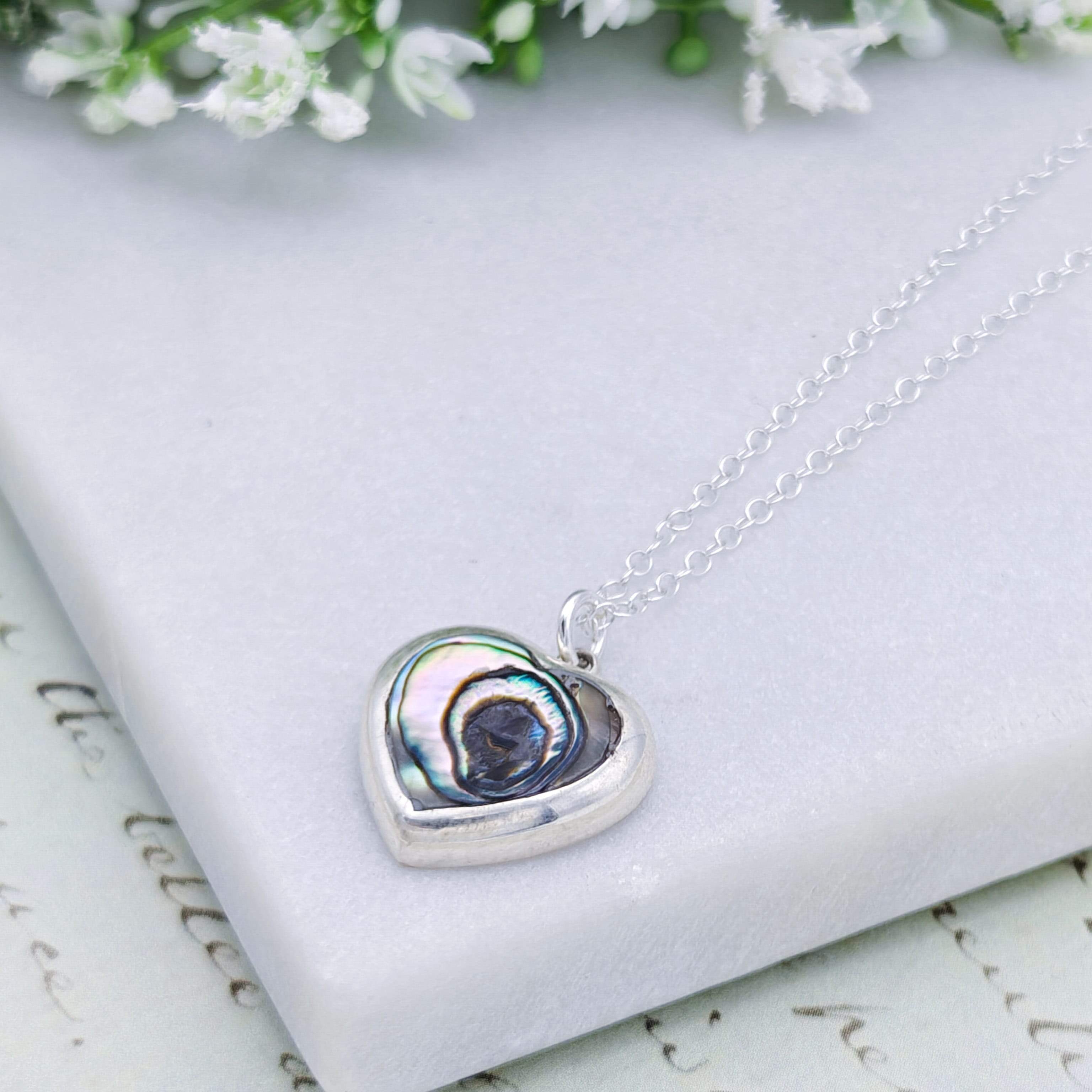 Hepburn and Hughes Abalone Heart Pendant set in sterling silver | 20mm wide | Seashell Gift