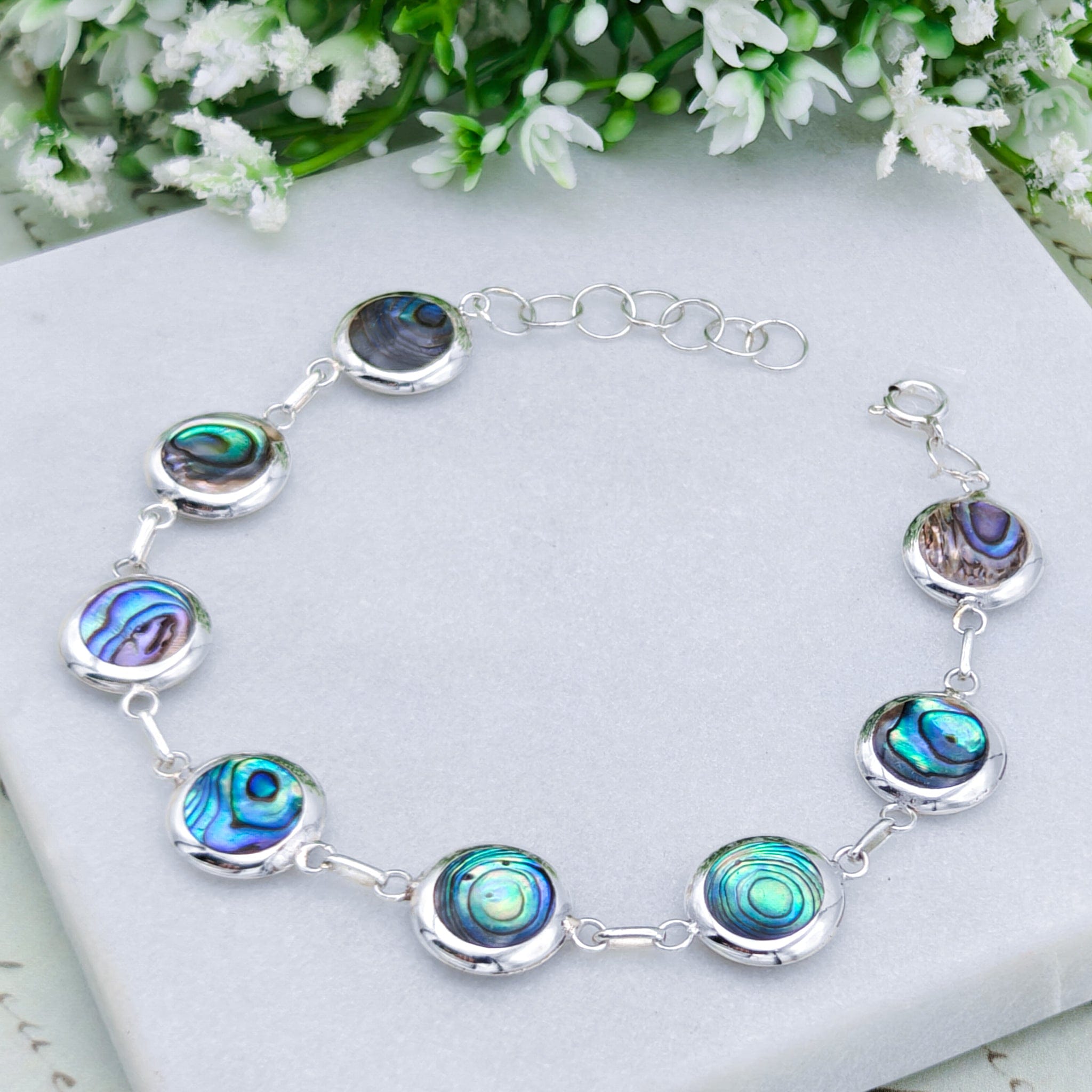 Hepburn and Hughes Abalone Shell Bracelet | Eight Round Shells | Two Styles | Sterling Silver