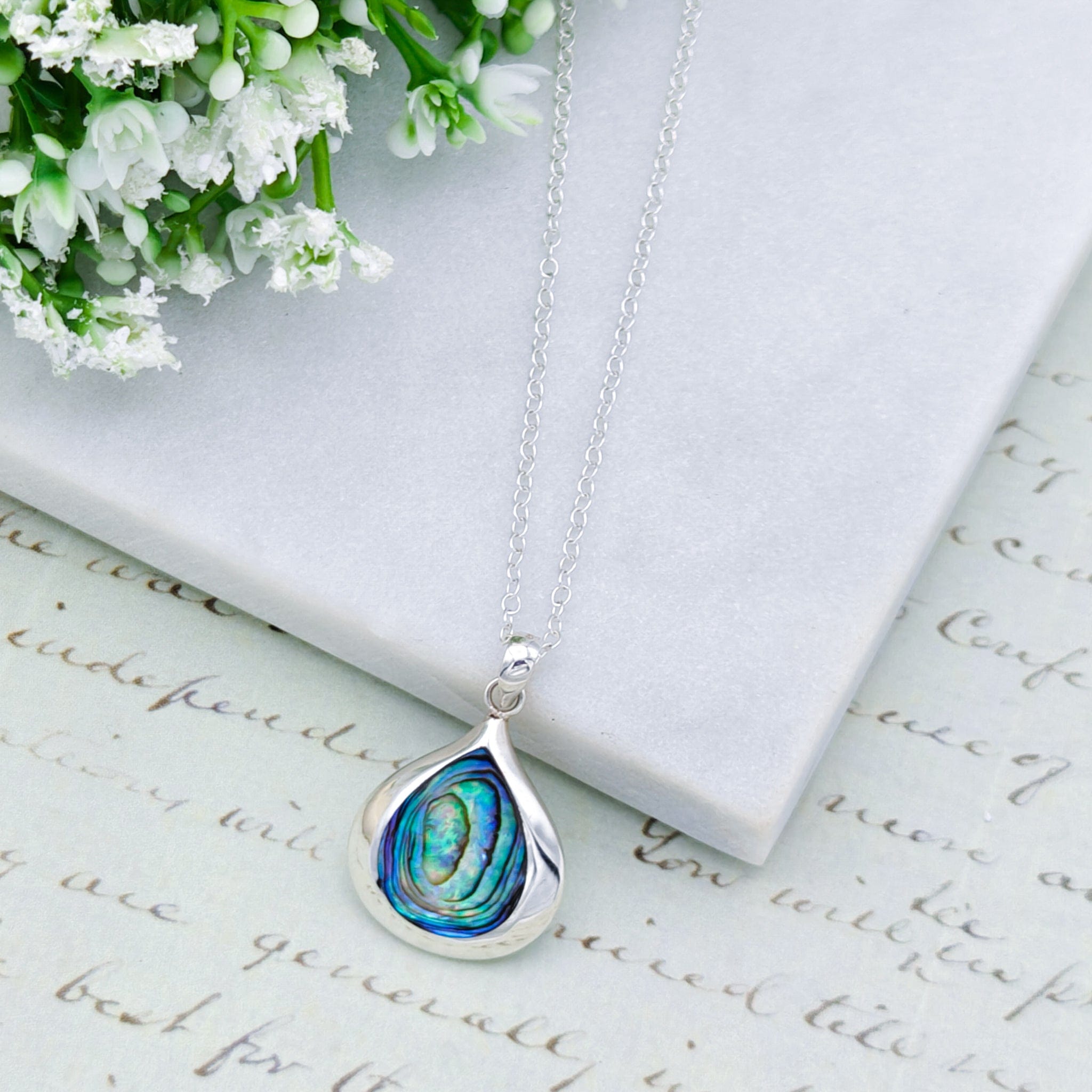 Hepburn and Hughes Abalone Teardrop Pendant | Shiva Eye on Reverse | Shell Gift | Sterling Silver