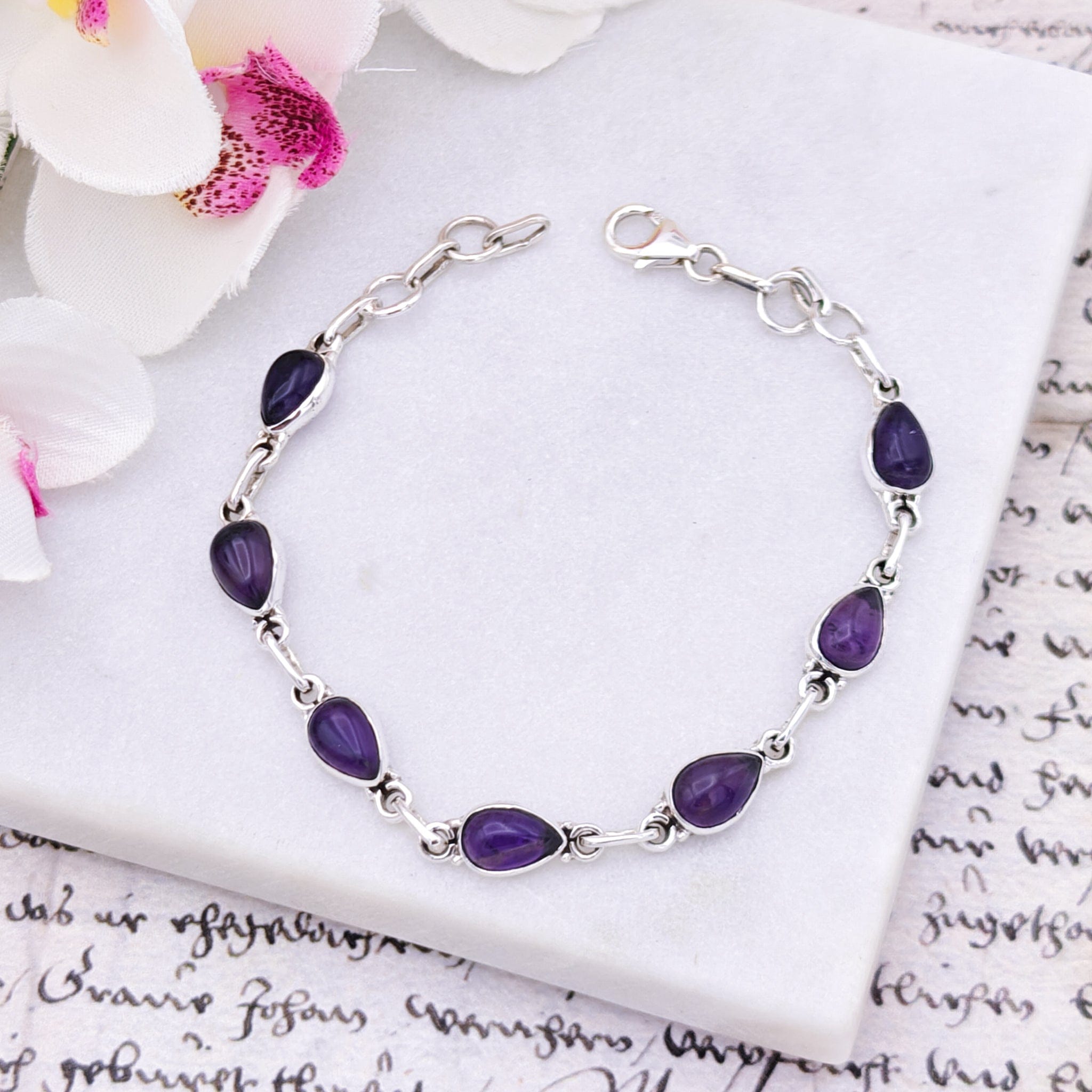 Hepburn and Hughes Amethyst Bracelet | Teardrops | Aquarius Gift | Sterling Silver