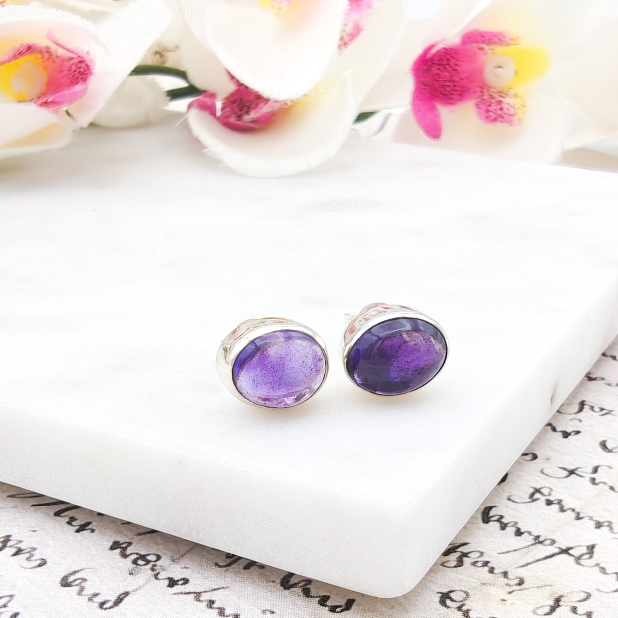 Hepburn and Hughes Amethyst Earrings | Aquarius Gift | 10mm Oval Studs | Sterling Silver